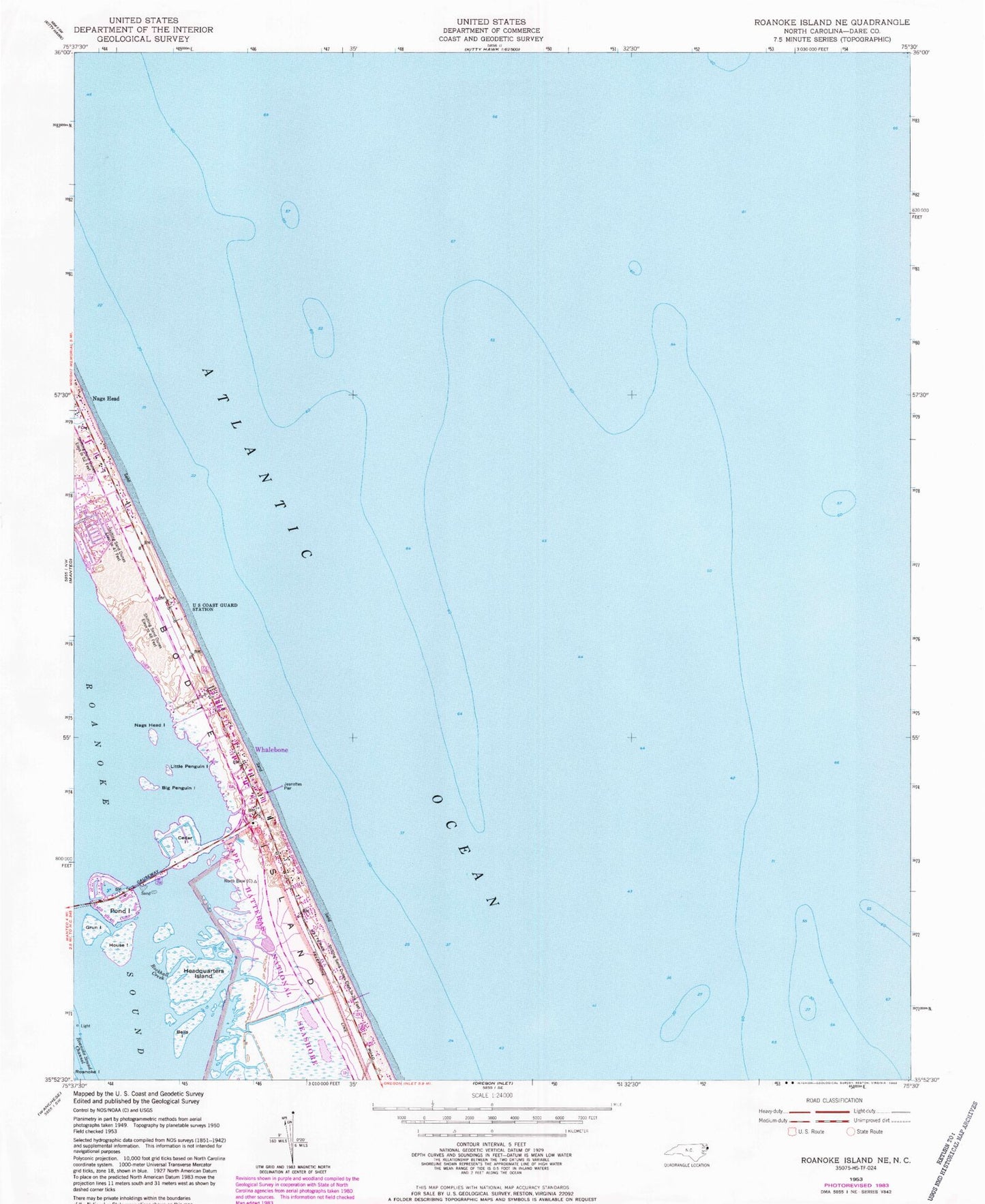 Classic USGS Roanoke Island NE North Carolina 7.5'x7.5' Topo Map Image