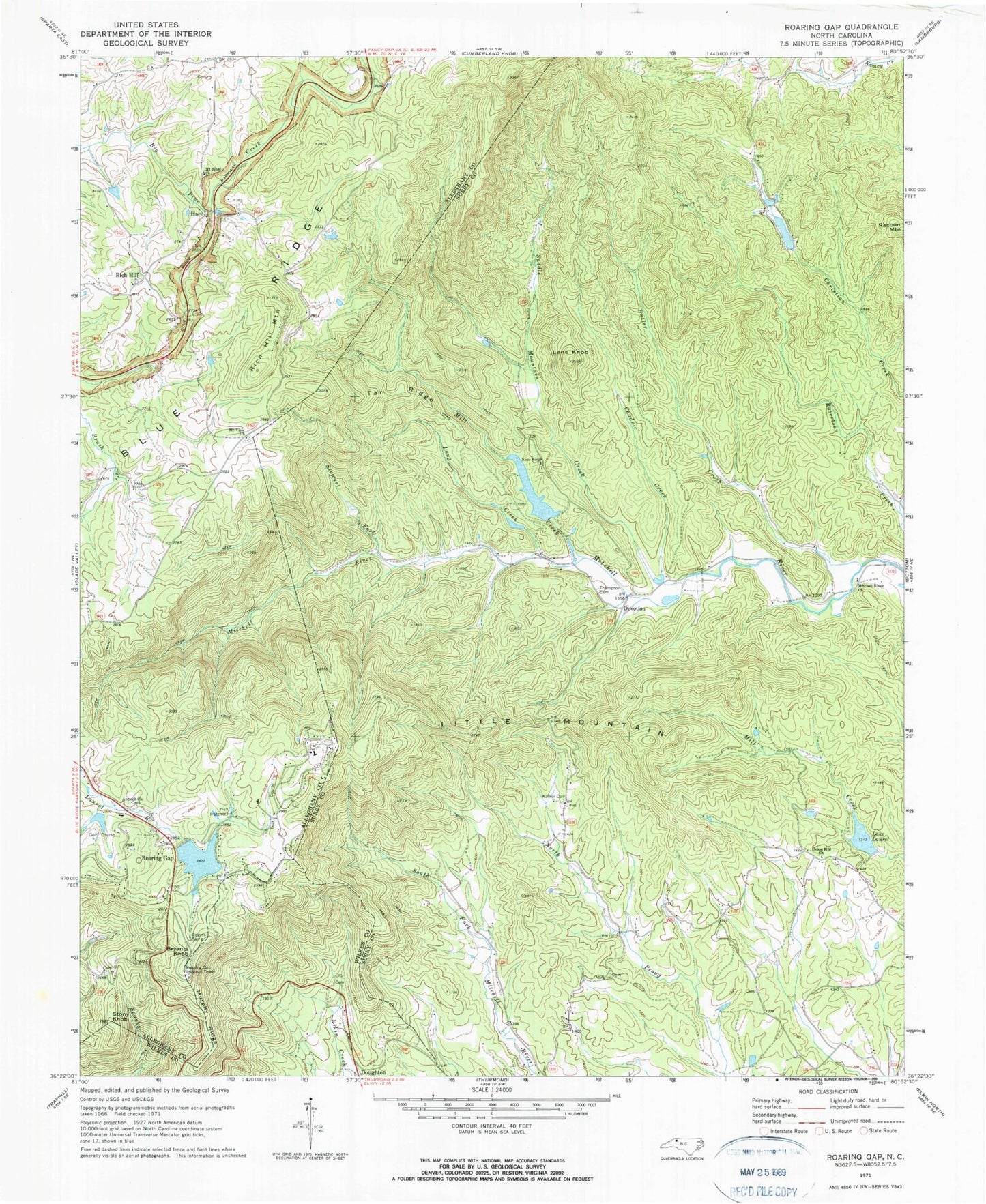 Classic USGS Roaring Gap North Carolina 7.5'x7.5' Topo Map Image