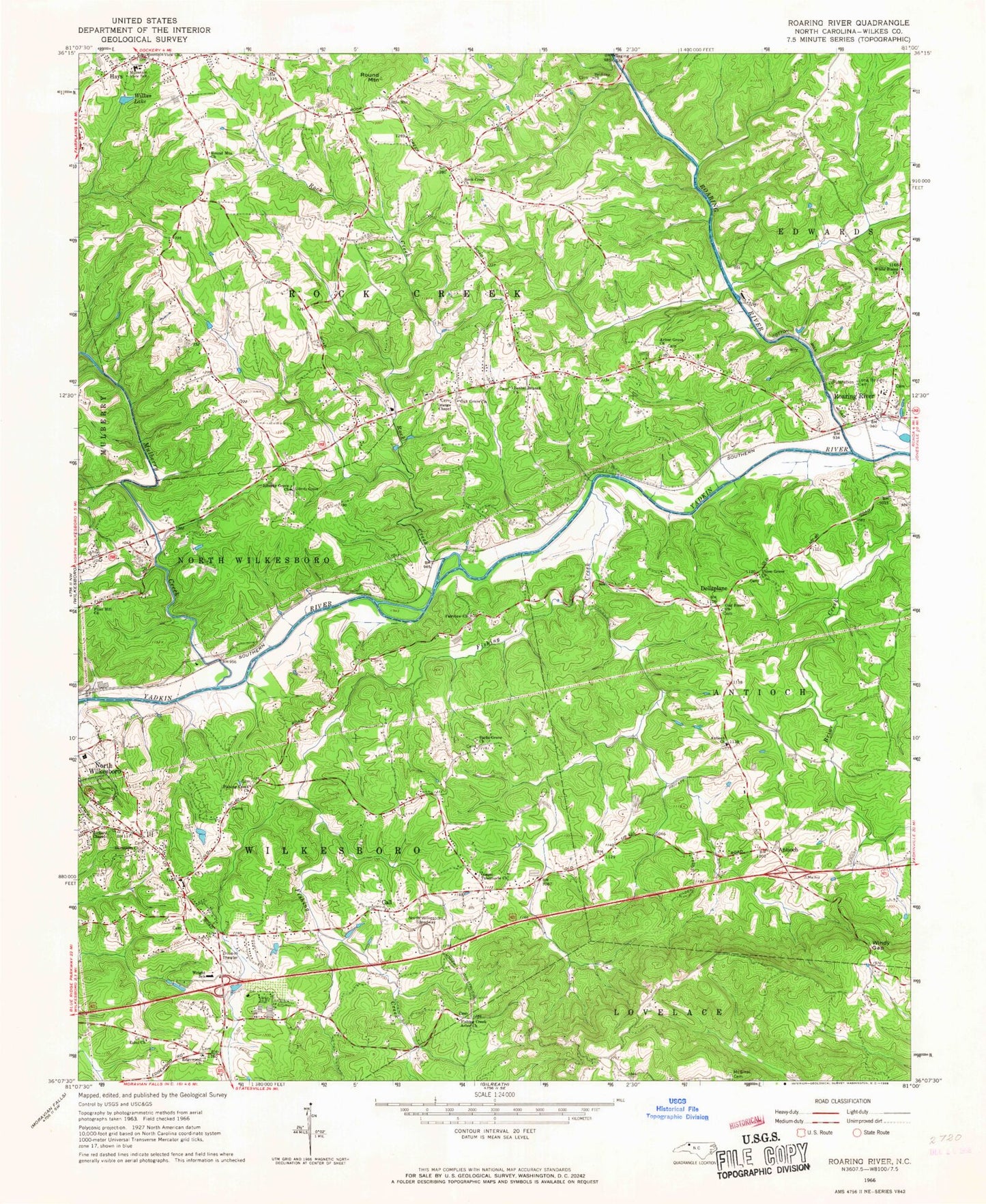 Classic USGS Roaring River North Carolina 7.5'x7.5' Topo Map Image