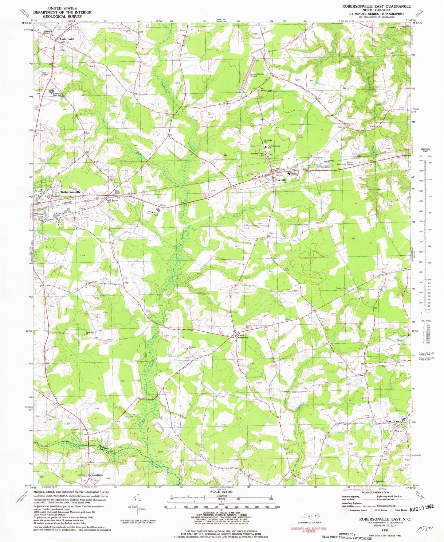 Classic USGS Robersonville East North Carolina 7.5'x7.5' Topo Map Image