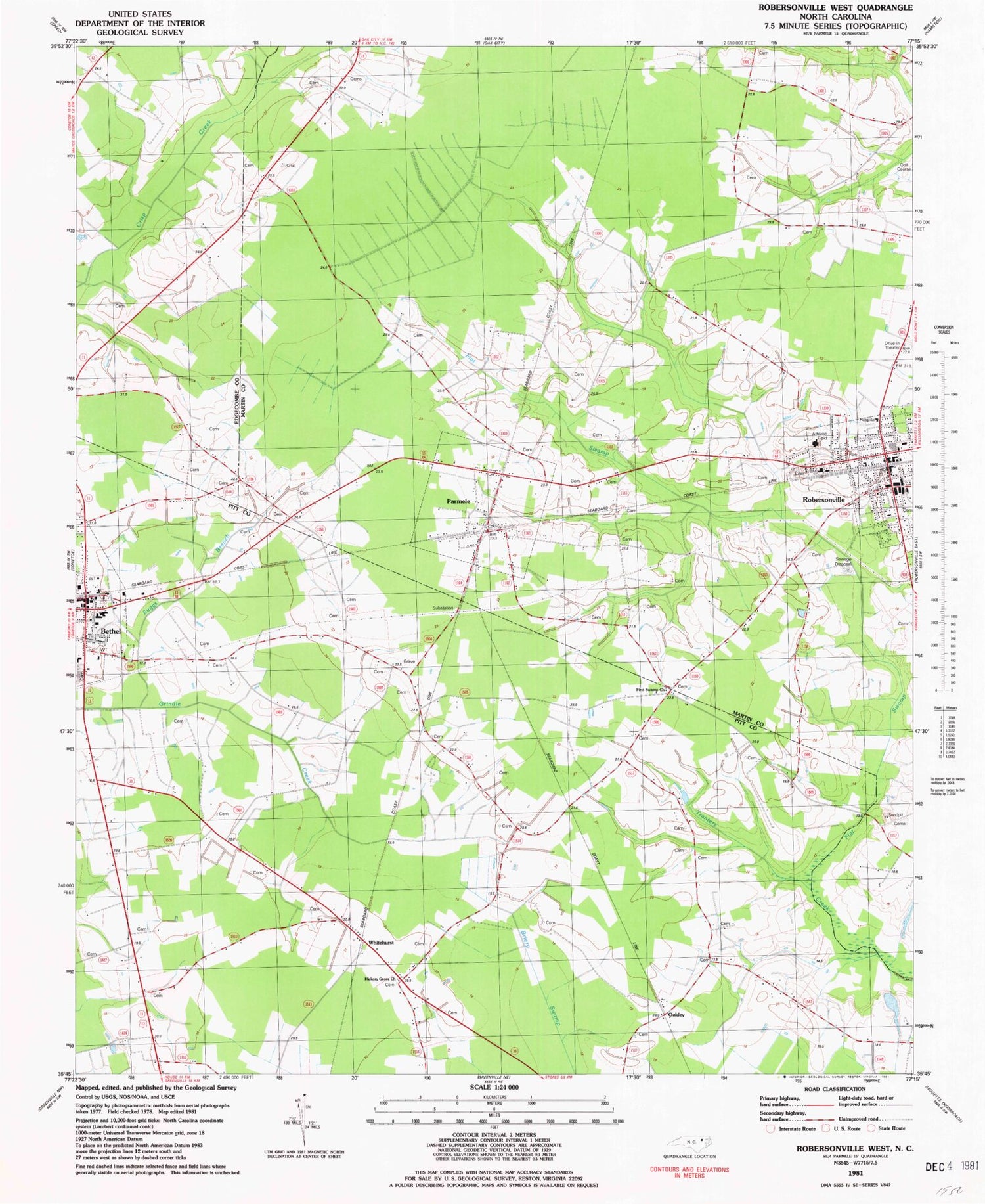 Classic USGS Robersonville West North Carolina 7.5'x7.5' Topo Map Image
