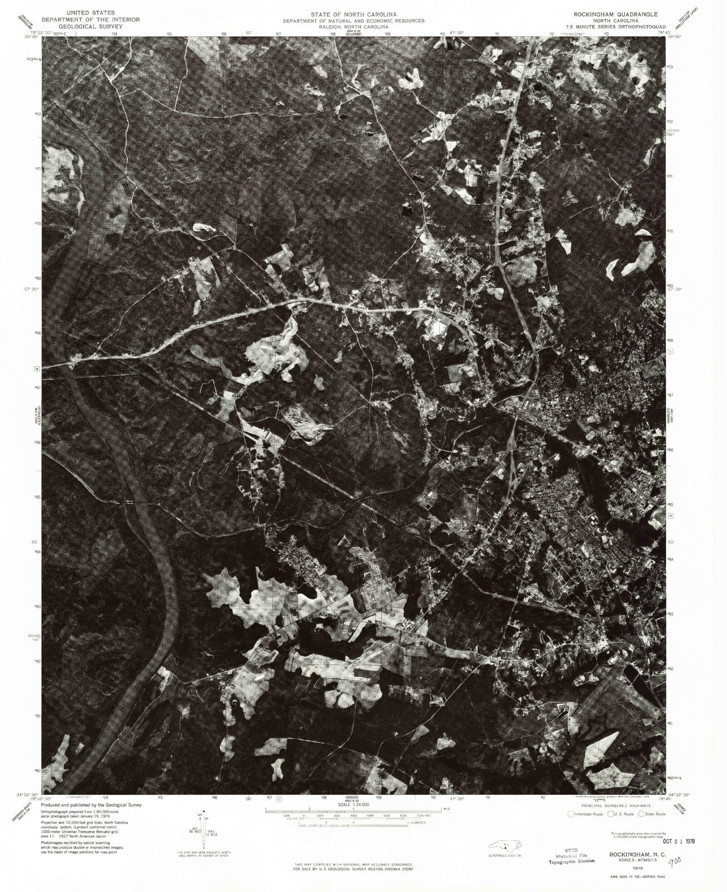 Classic USGS Rockingham North Carolina 7.5'x7.5' Topo Map Image