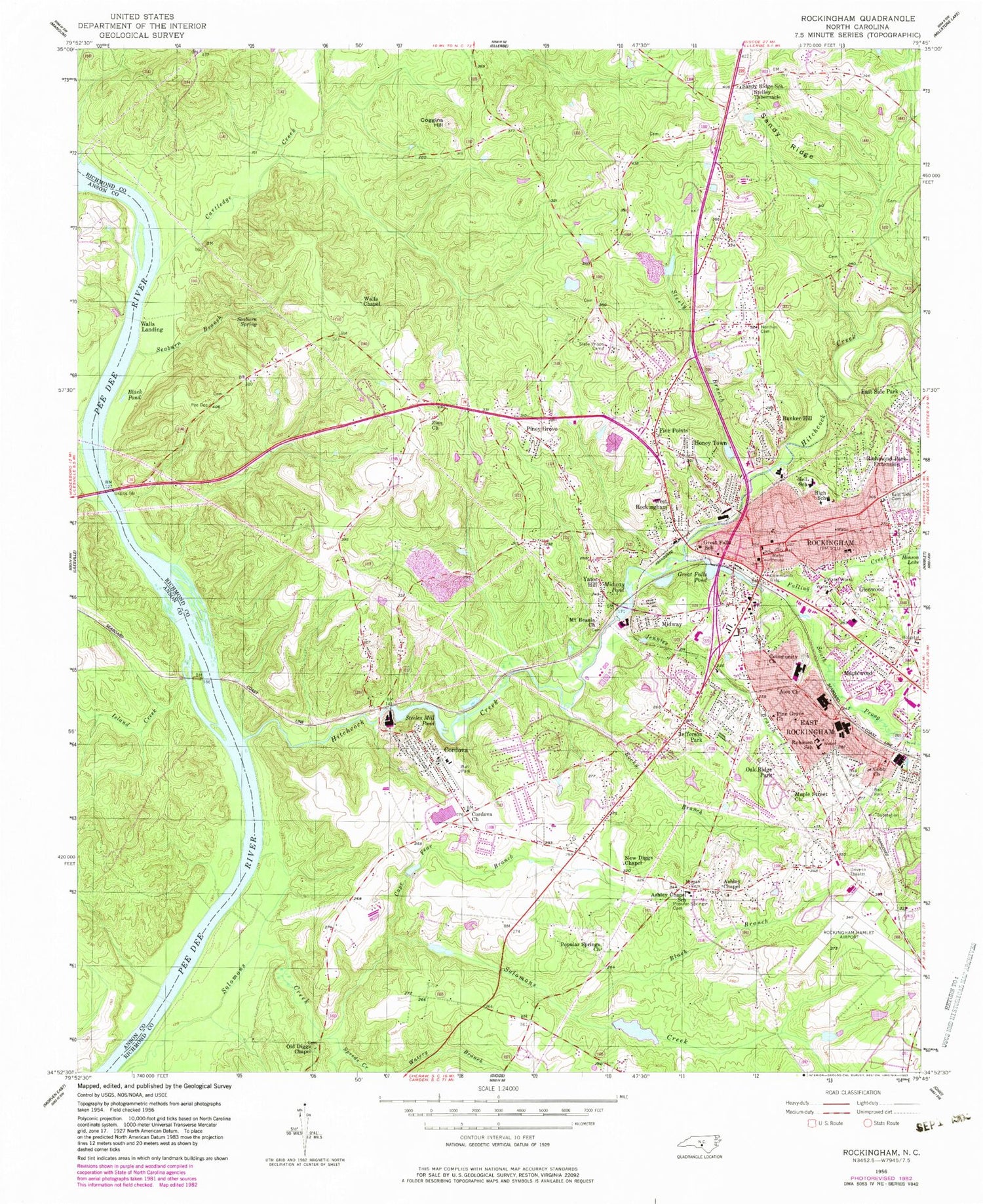 Classic USGS Rockingham North Carolina 7.5'x7.5' Topo Map Image