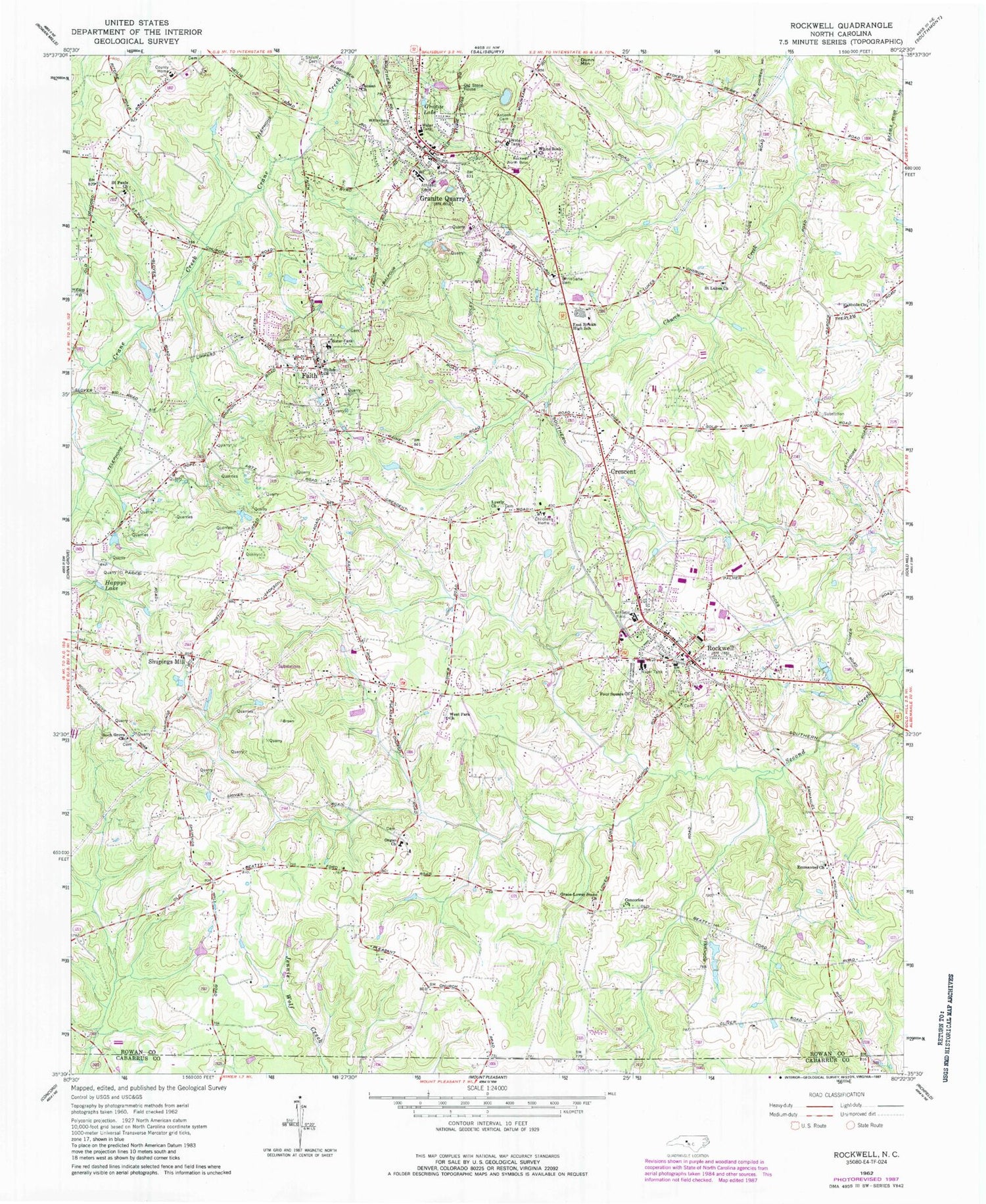 Classic USGS Rockwell North Carolina 7.5'x7.5' Topo Map Image