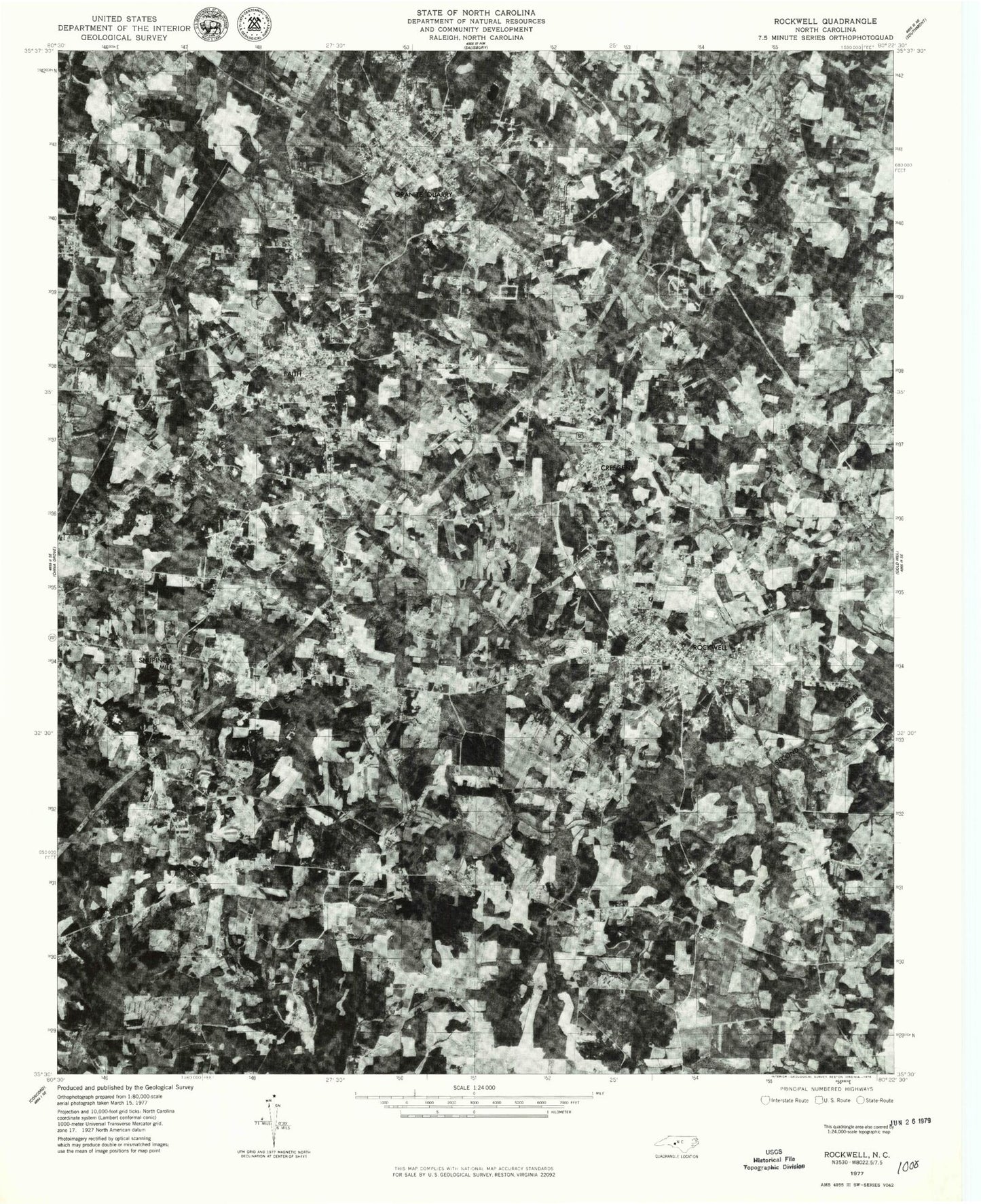 Classic USGS Rockwell North Carolina 7.5'x7.5' Topo Map Image