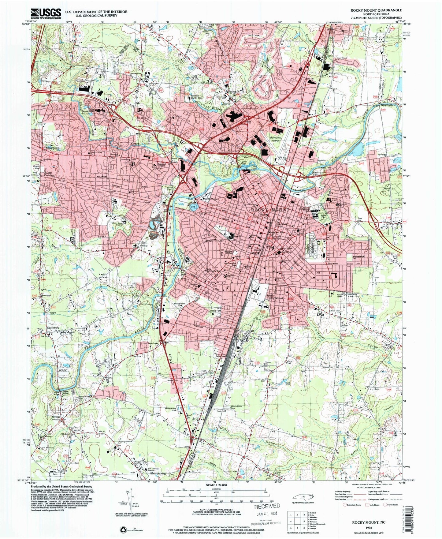 Classic USGS Rocky Mount North Carolina 7.5'x7.5' Topo Map Image
