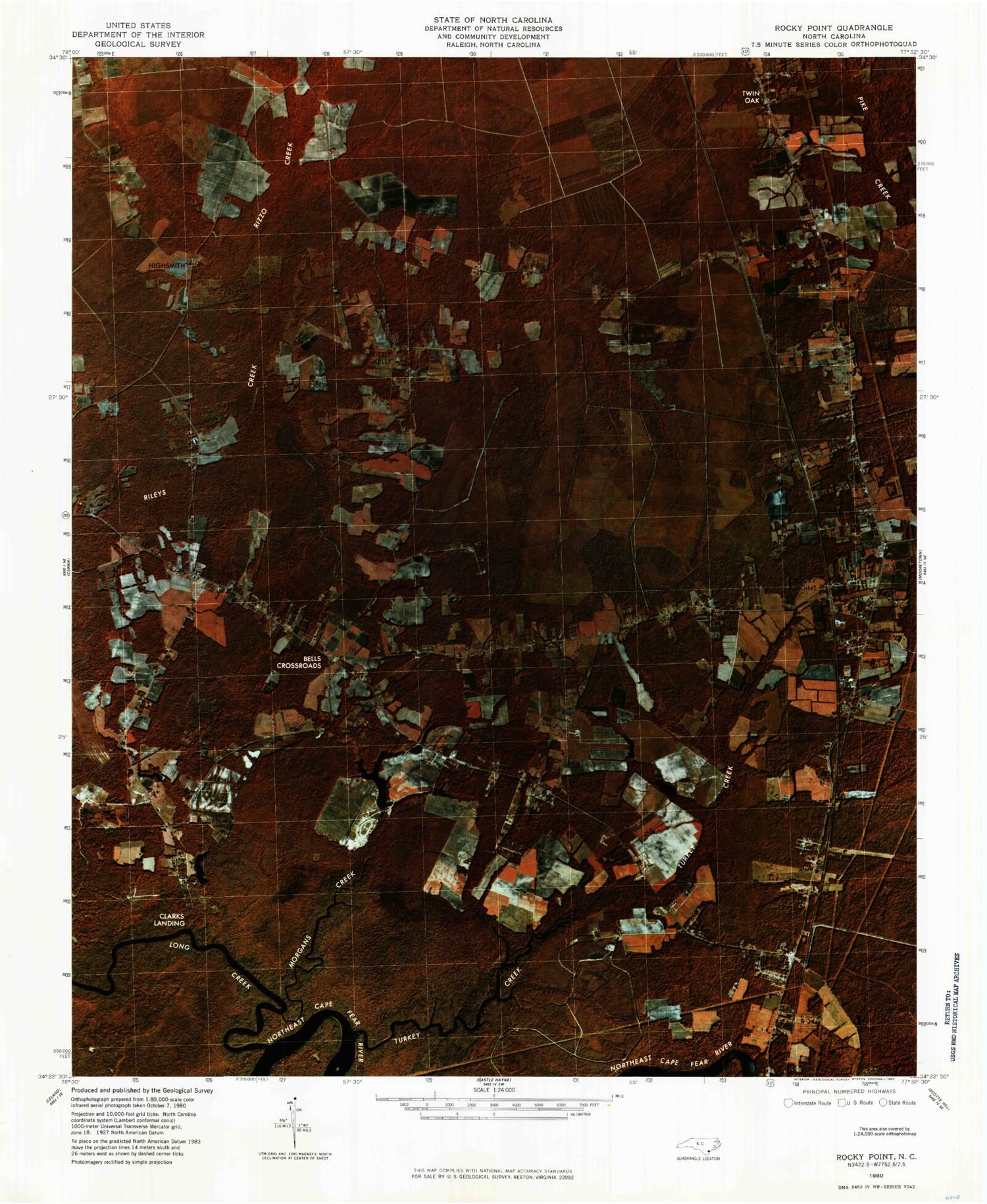 Classic USGS Rocky Point North Carolina 7.5'x7.5' Topo Map Image