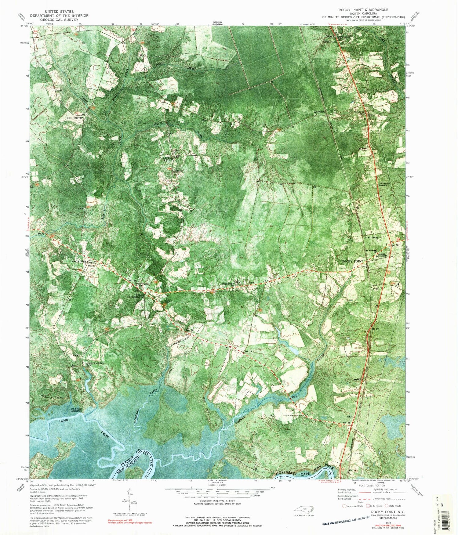 Classic USGS Rocky Point North Carolina 7.5'x7.5' Topo Map Image