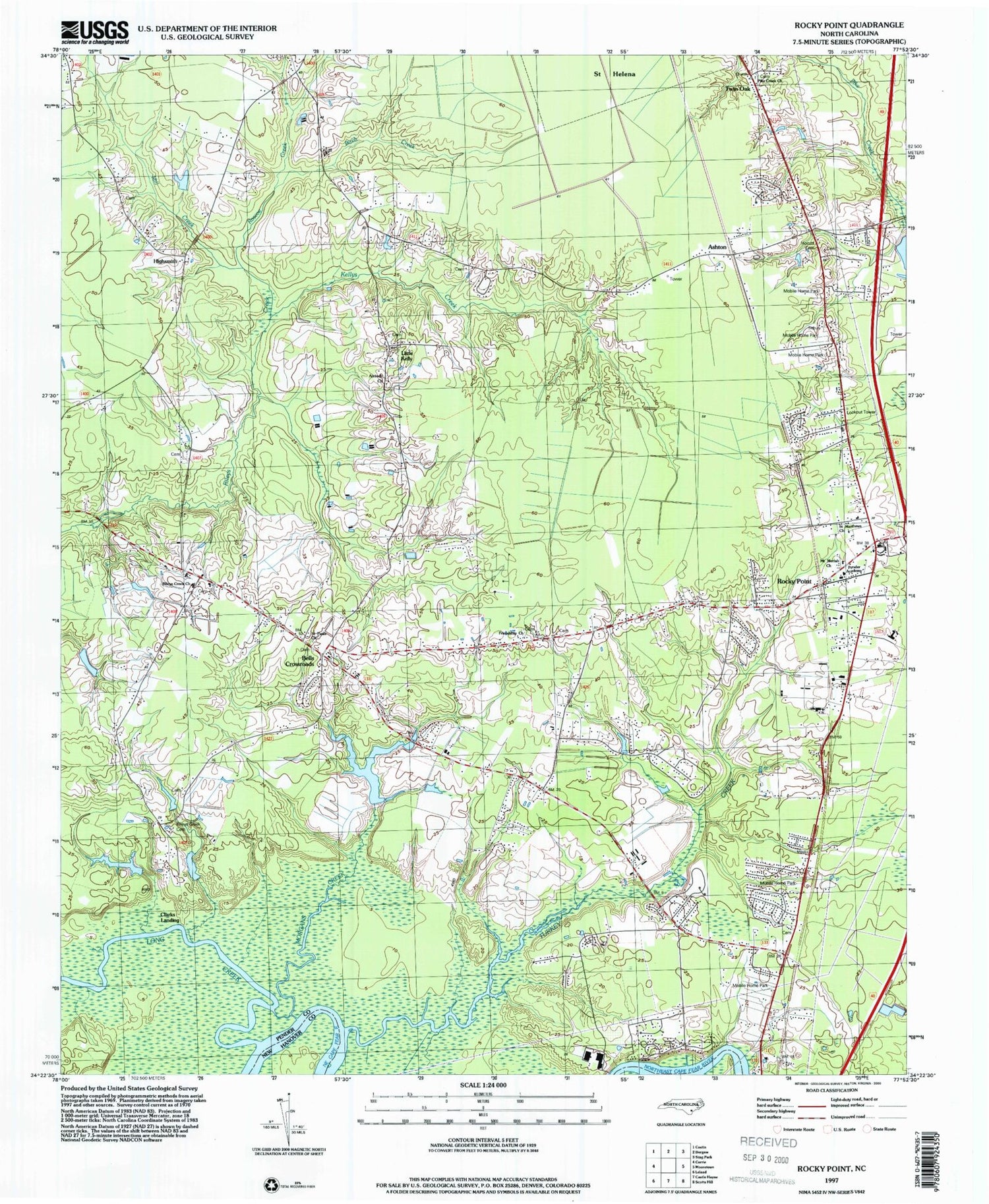 Classic USGS Rocky Point North Carolina 7.5'x7.5' Topo Map Image