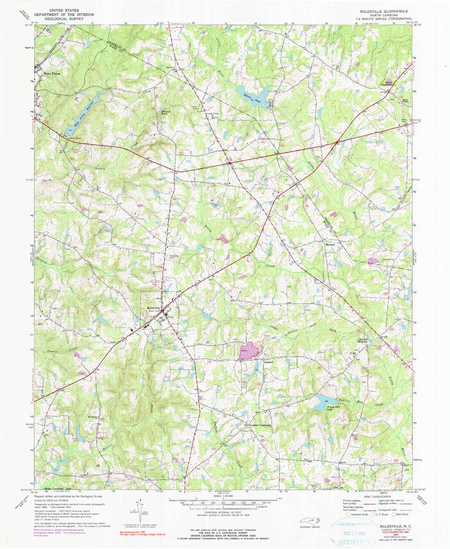 Classic USGS Rolesville North Carolina 7.5'x7.5' Topo Map Image