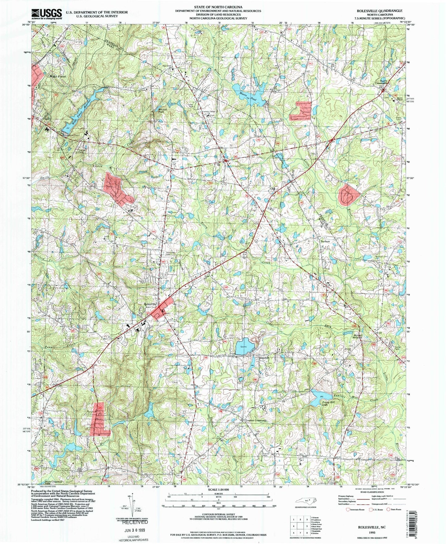 Classic USGS Rolesville North Carolina 7.5'x7.5' Topo Map Image