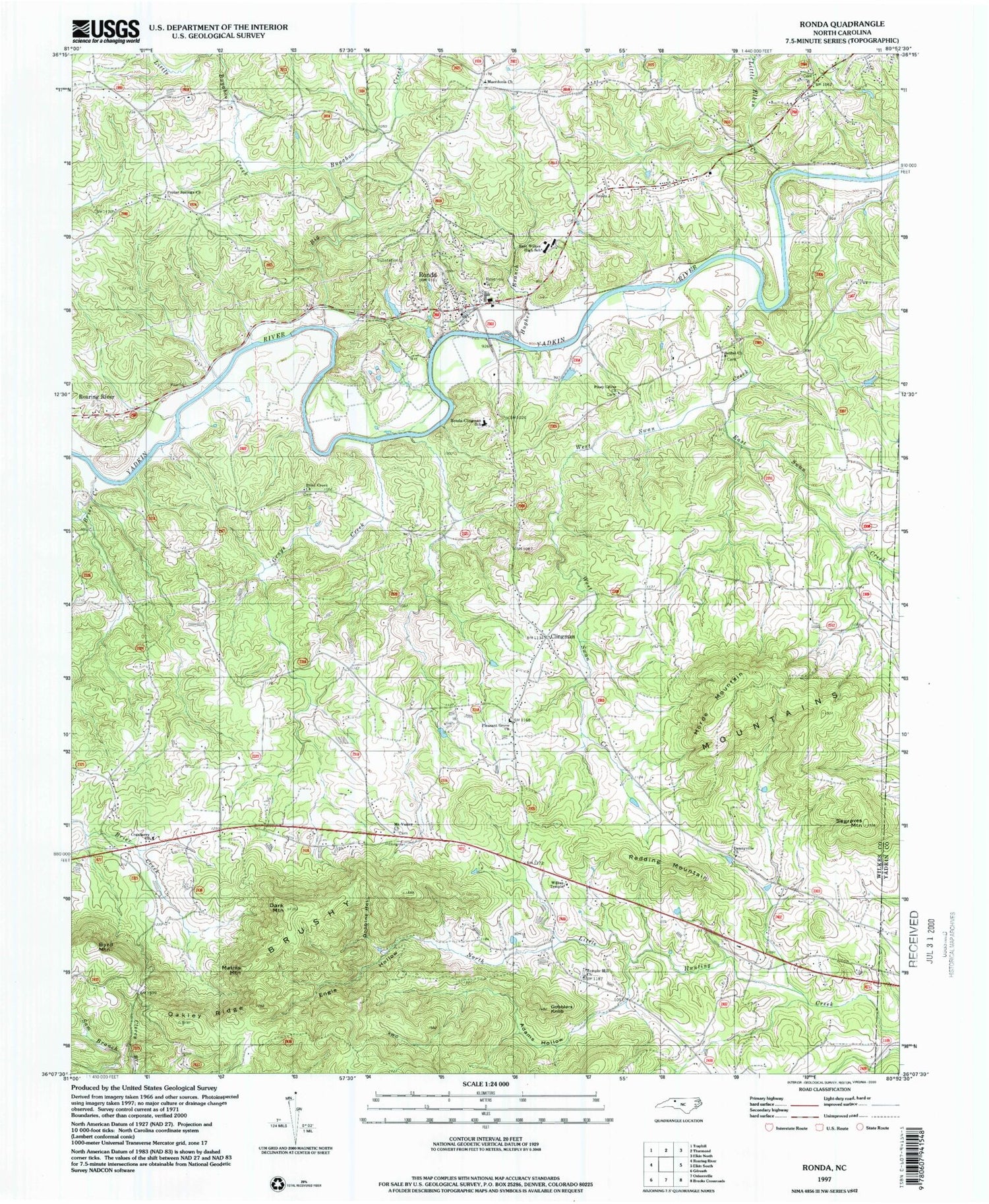 Classic USGS Ronda North Carolina 7.5'x7.5' Topo Map Image