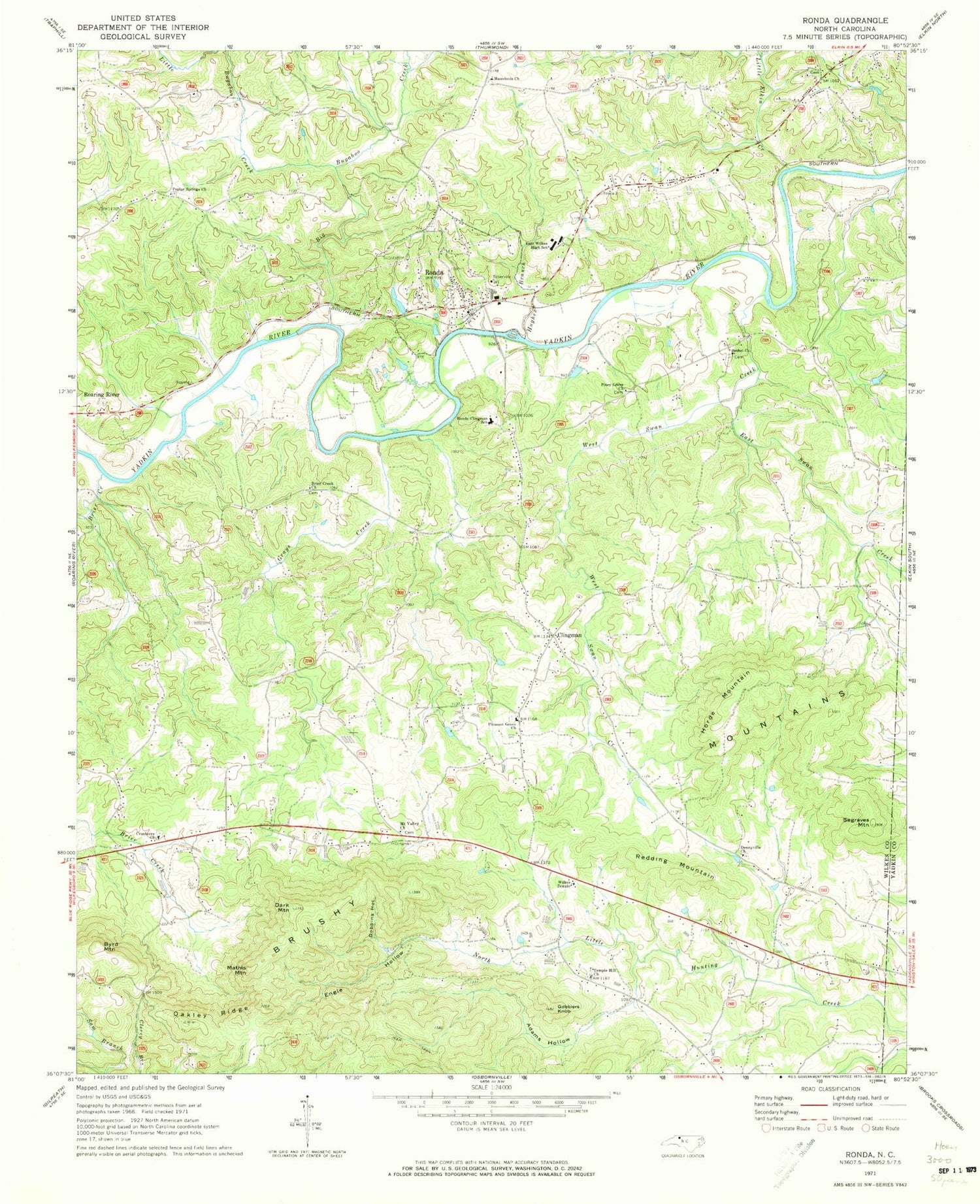 Classic USGS Ronda North Carolina 7.5'x7.5' Topo Map Image