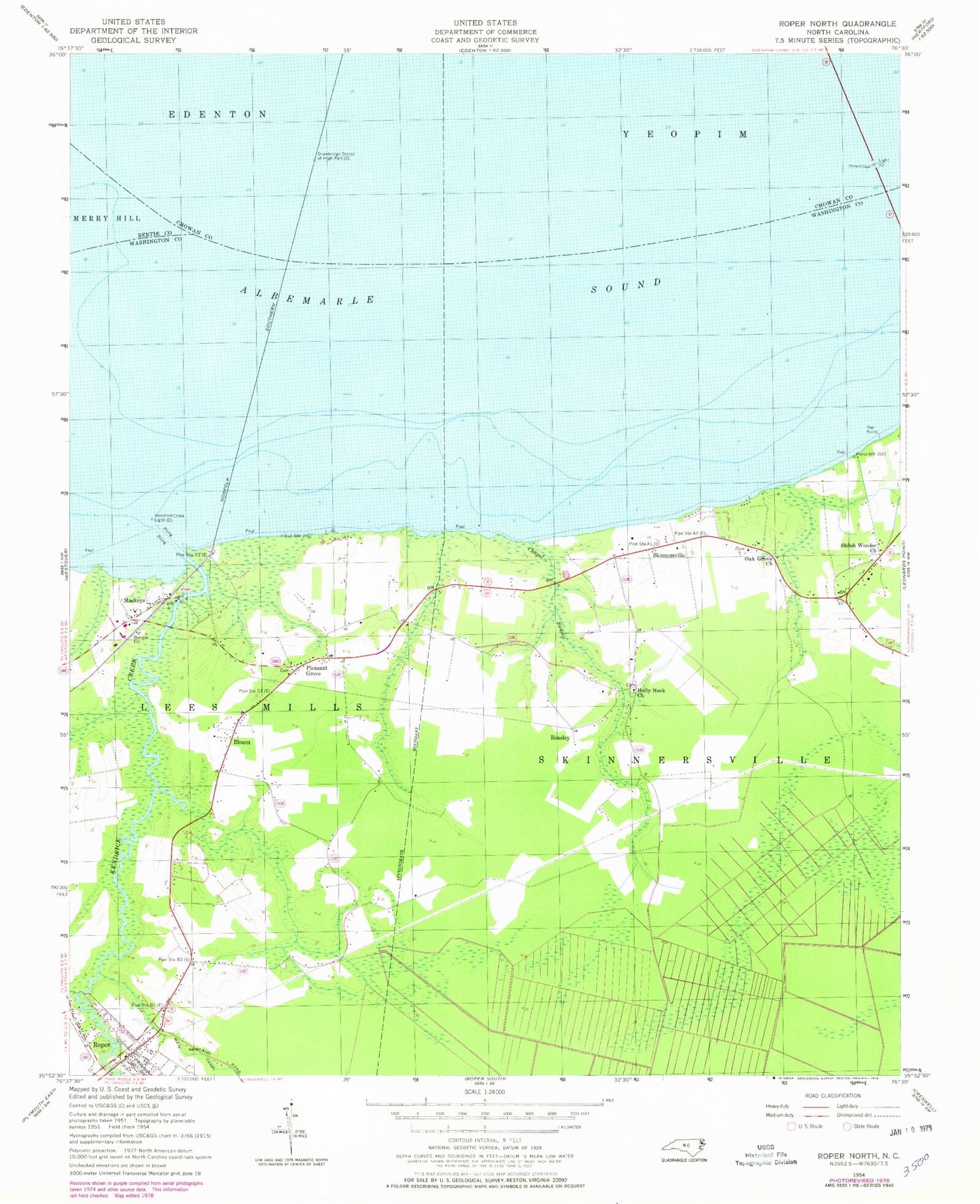 Classic USGS Roper North North Carolina 7.5'x7.5' Topo Map Image