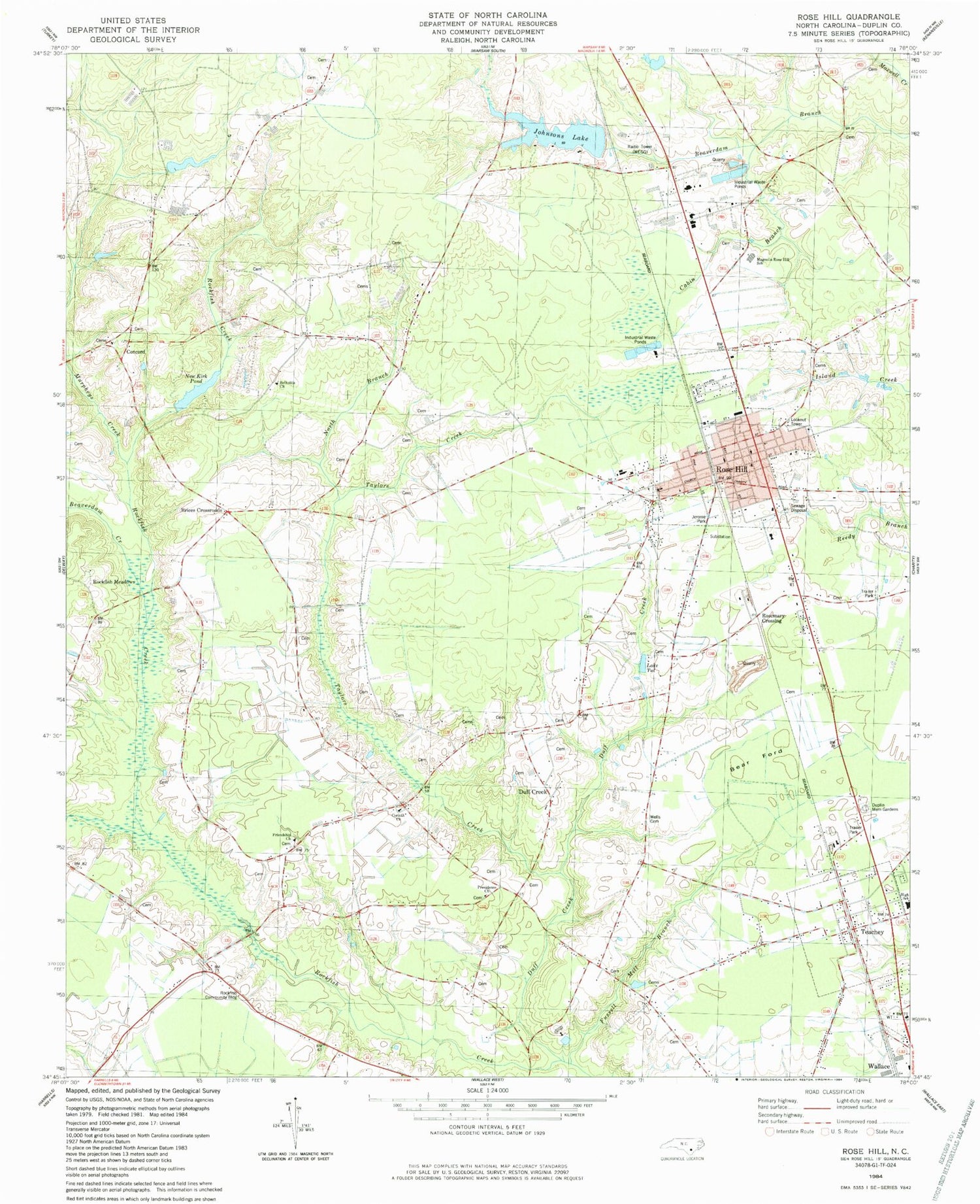 Classic USGS Rose Hill North Carolina 7.5'x7.5' Topo Map Image