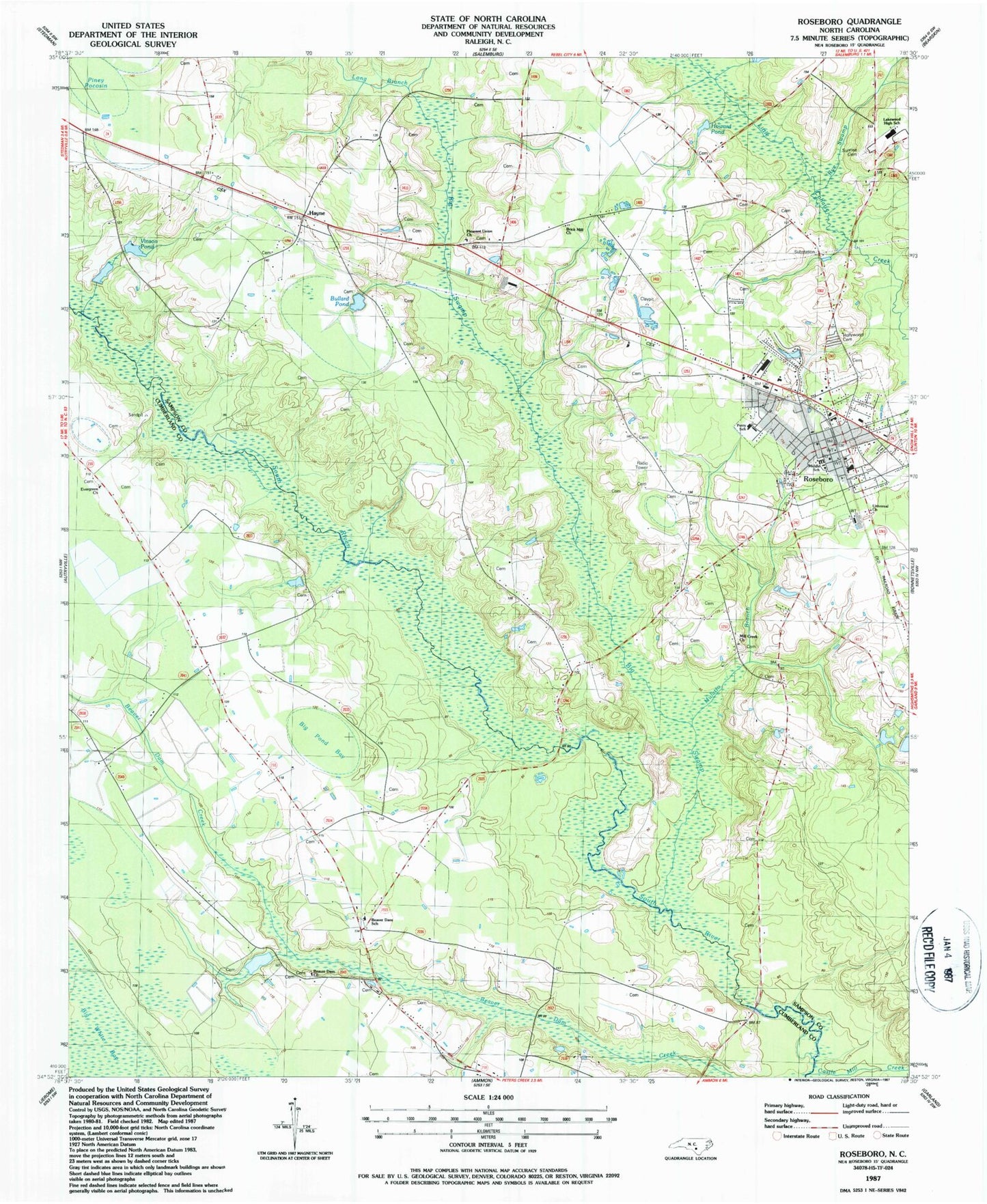 Classic USGS Roseboro North Carolina 7.5'x7.5' Topo Map Image