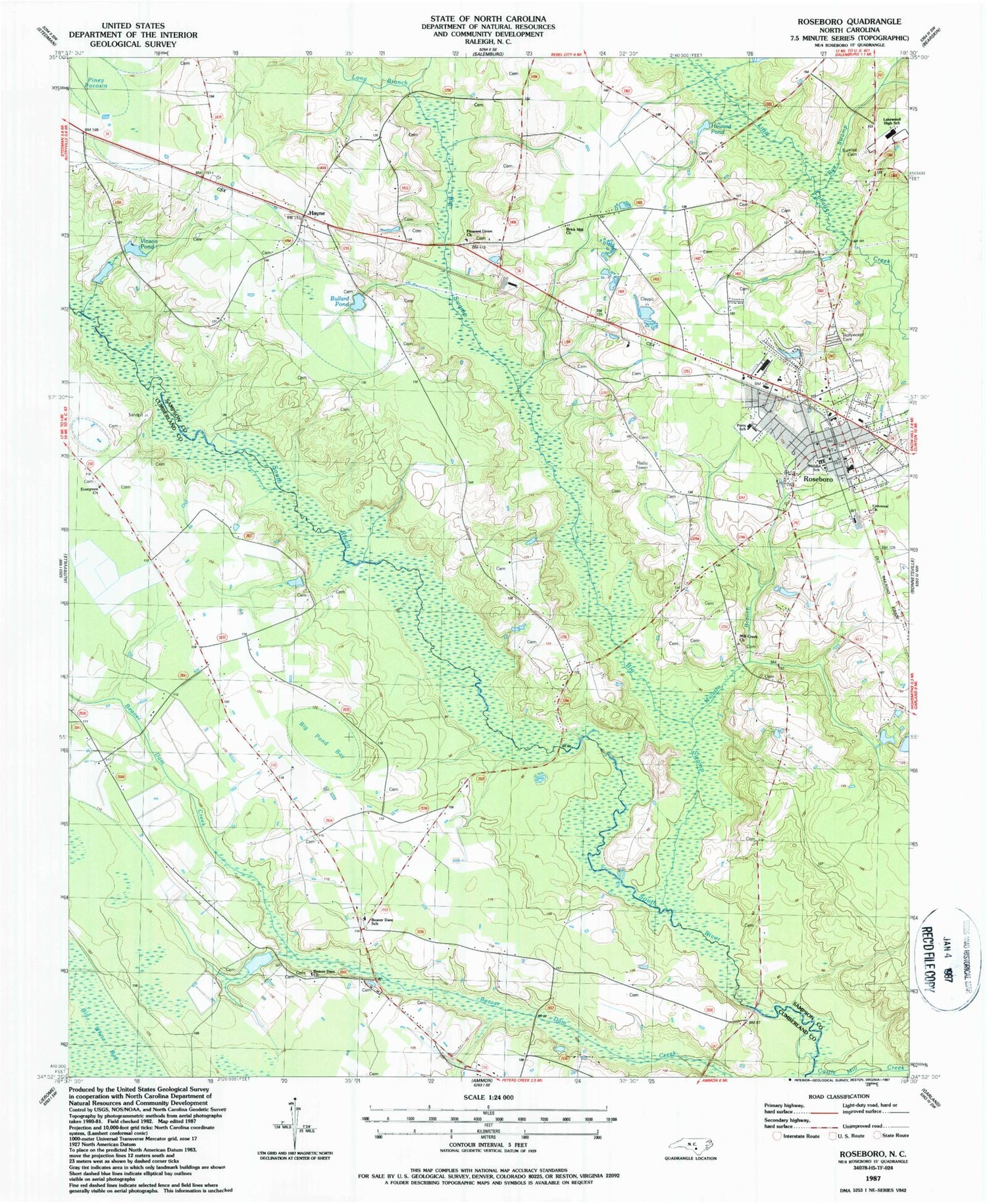 Classic USGS Roseboro North Carolina 7.5'x7.5' Topo Map Image