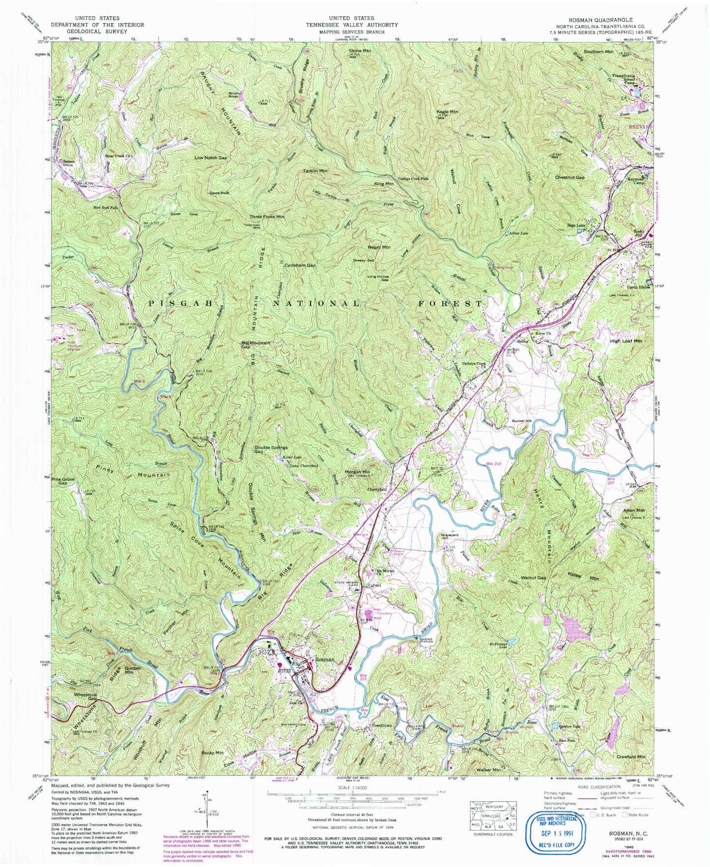 Classic USGS Rosman North Carolina 7.5'x7.5' Topo Map Image