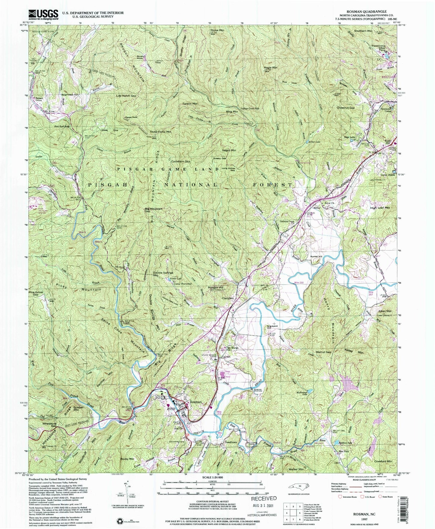 Classic USGS Rosman North Carolina 7.5'x7.5' Topo Map Image