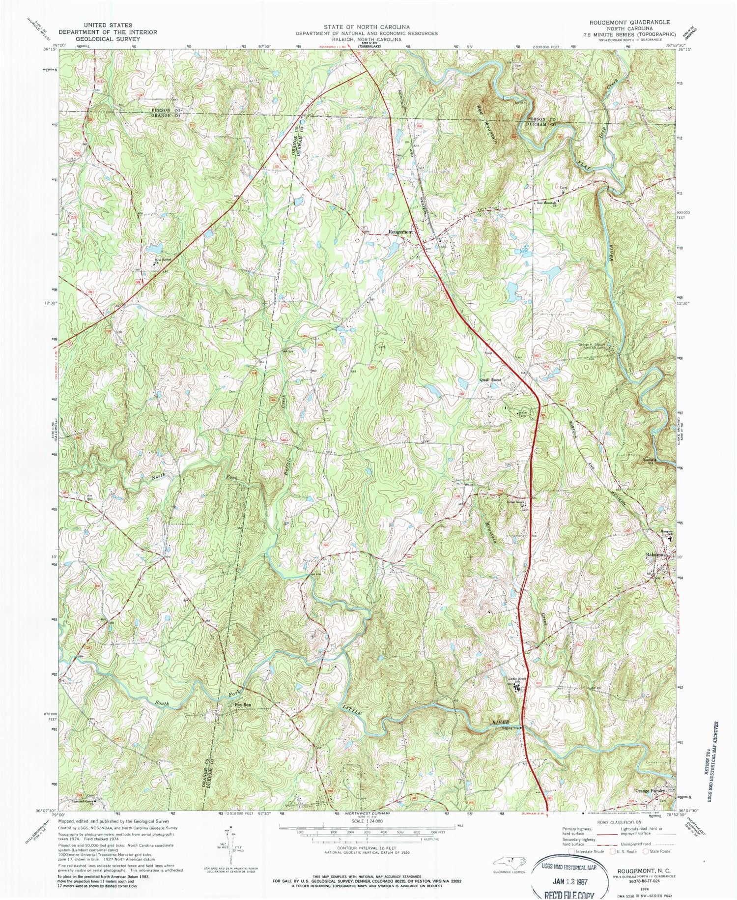 Classic USGS Rougemont North Carolina 7.5'x7.5' Topo Map Image