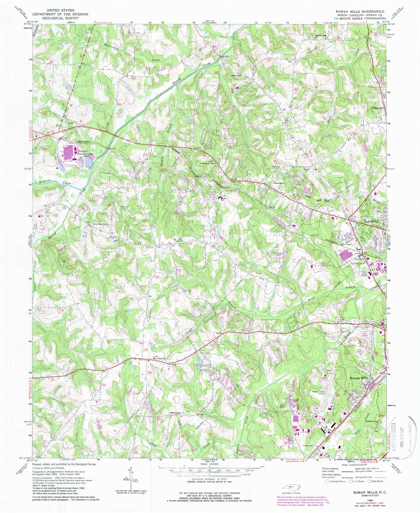 Classic USGS Rowan Mills North Carolina 7.5'x7.5' Topo Map Image