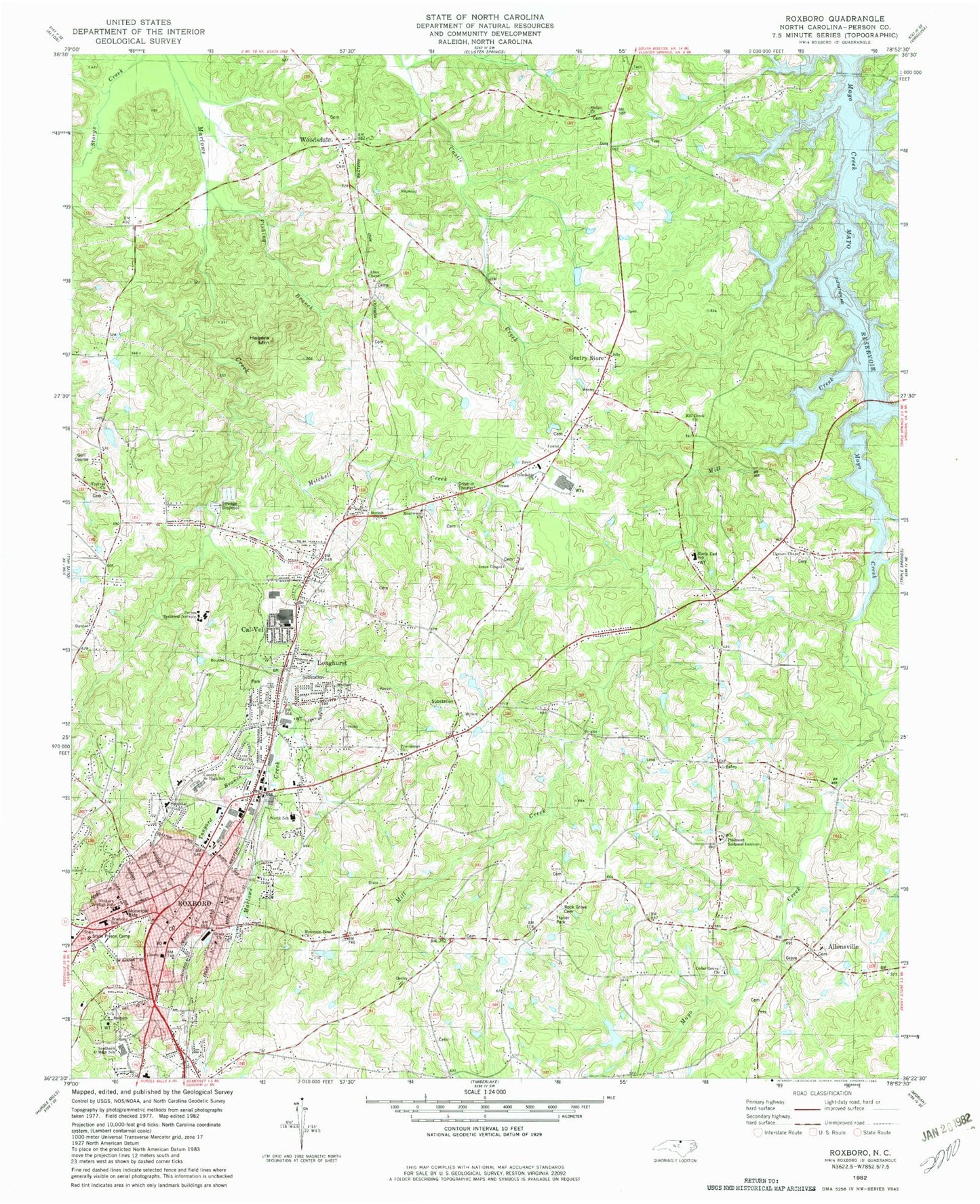 Classic USGS Roxboro North Carolina 7.5'x7.5' Topo Map Image