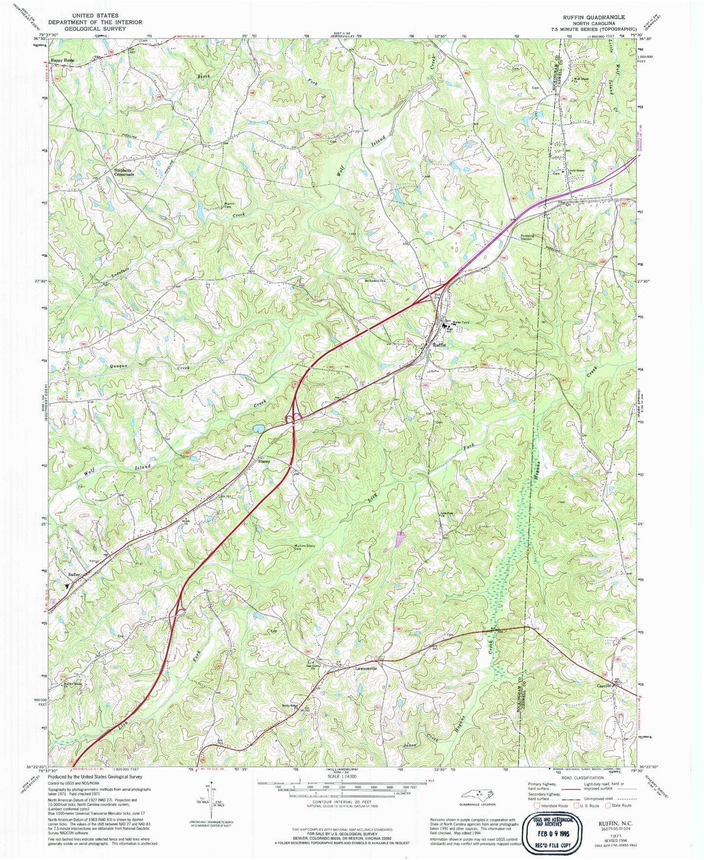 Classic USGS Ruffin North Carolina 7.5'x7.5' Topo Map Image