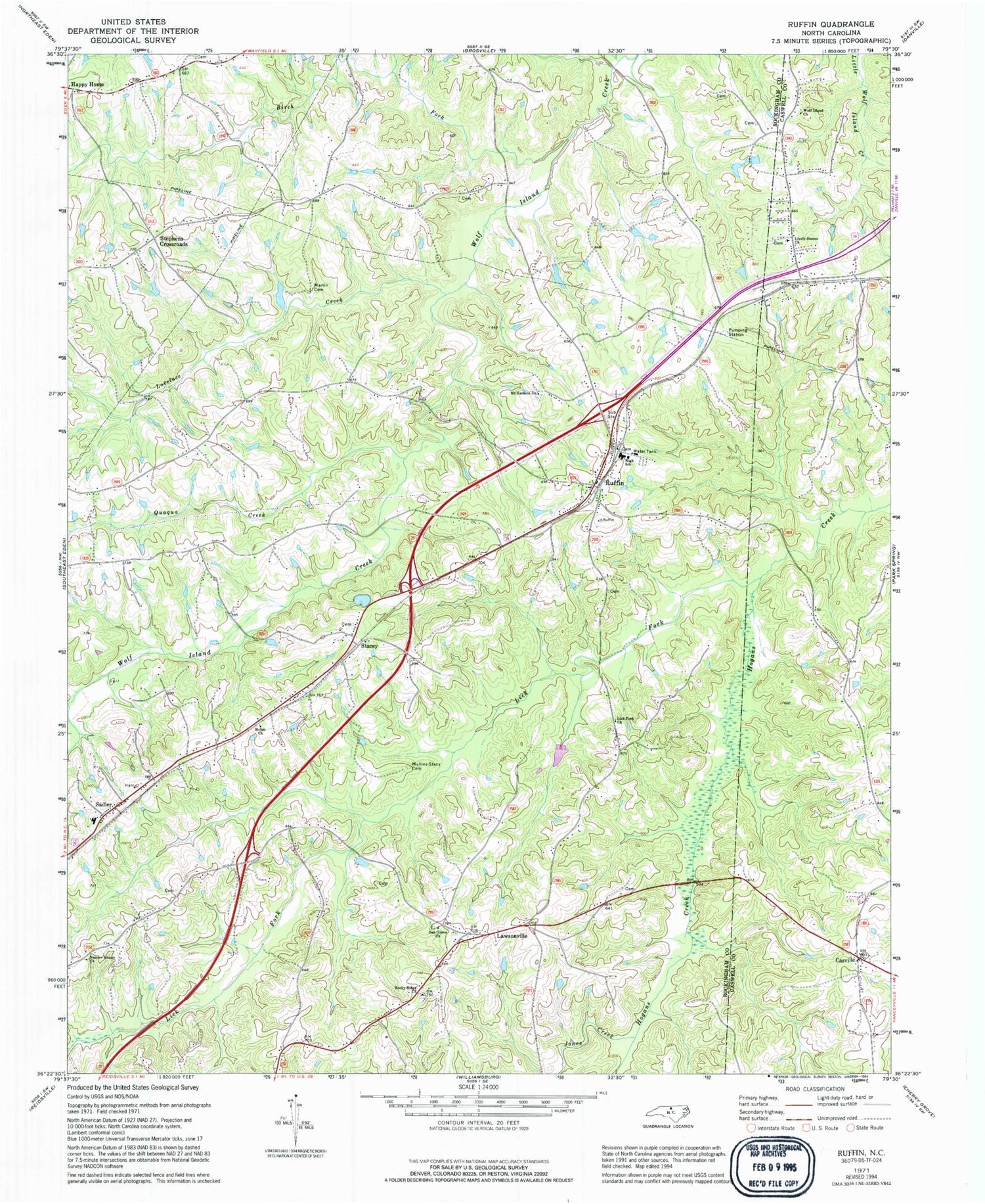 Classic USGS Ruffin North Carolina 7.5'x7.5' Topo Map Image