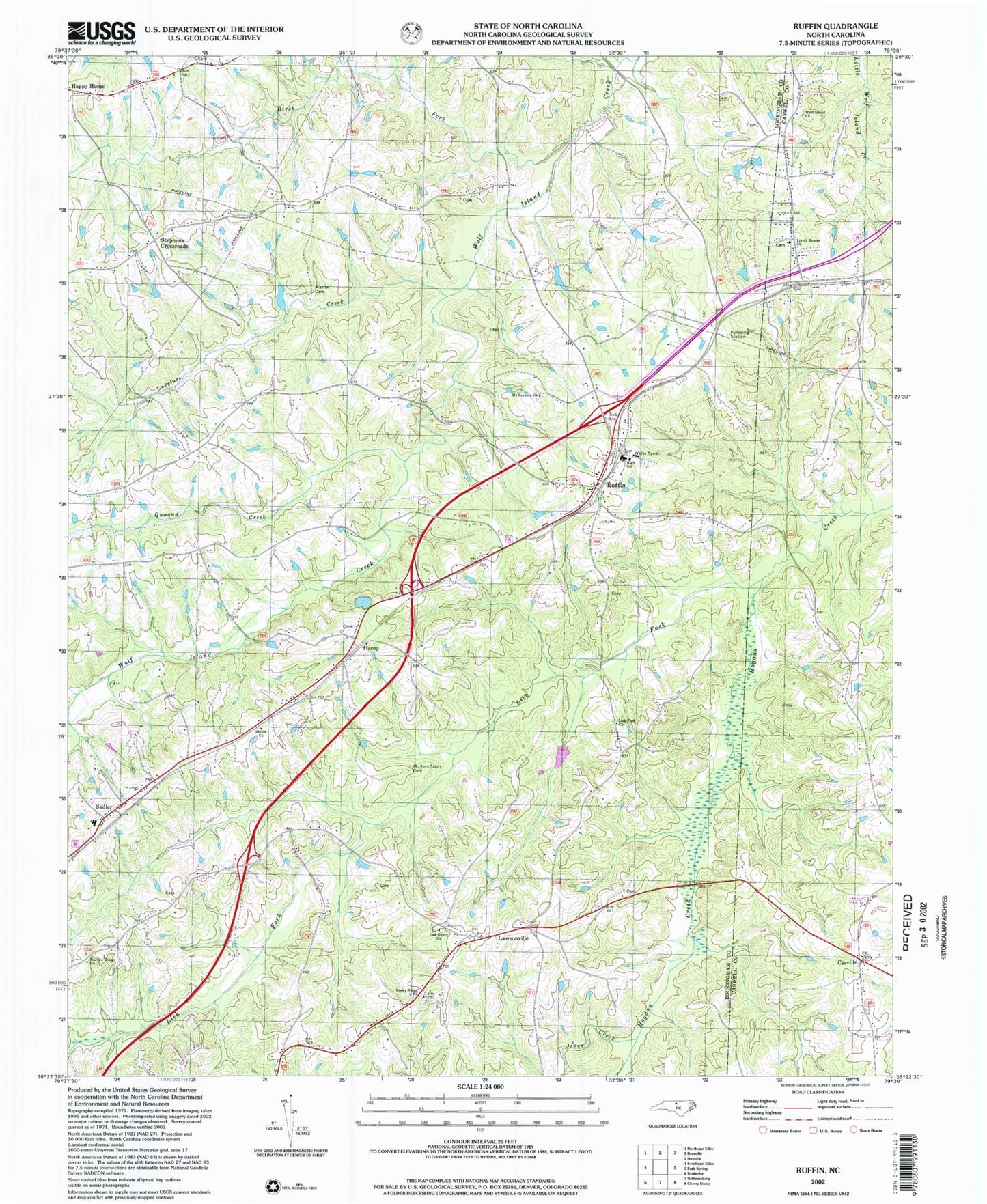 Classic USGS Ruffin North Carolina 7.5'x7.5' Topo Map Image