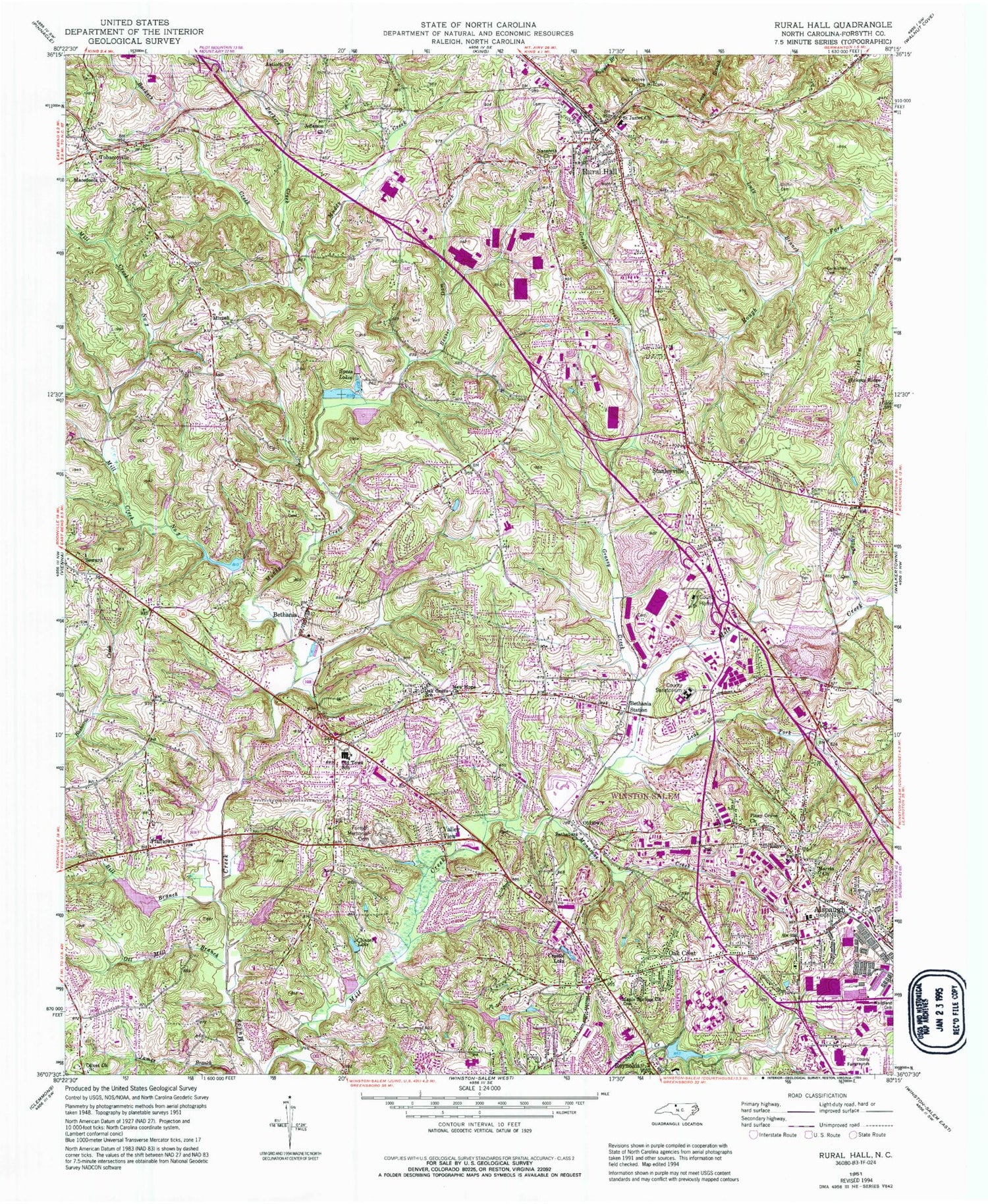 Classic USGS Rural Hall North Carolina 7.5'x7.5' Topo Map Image