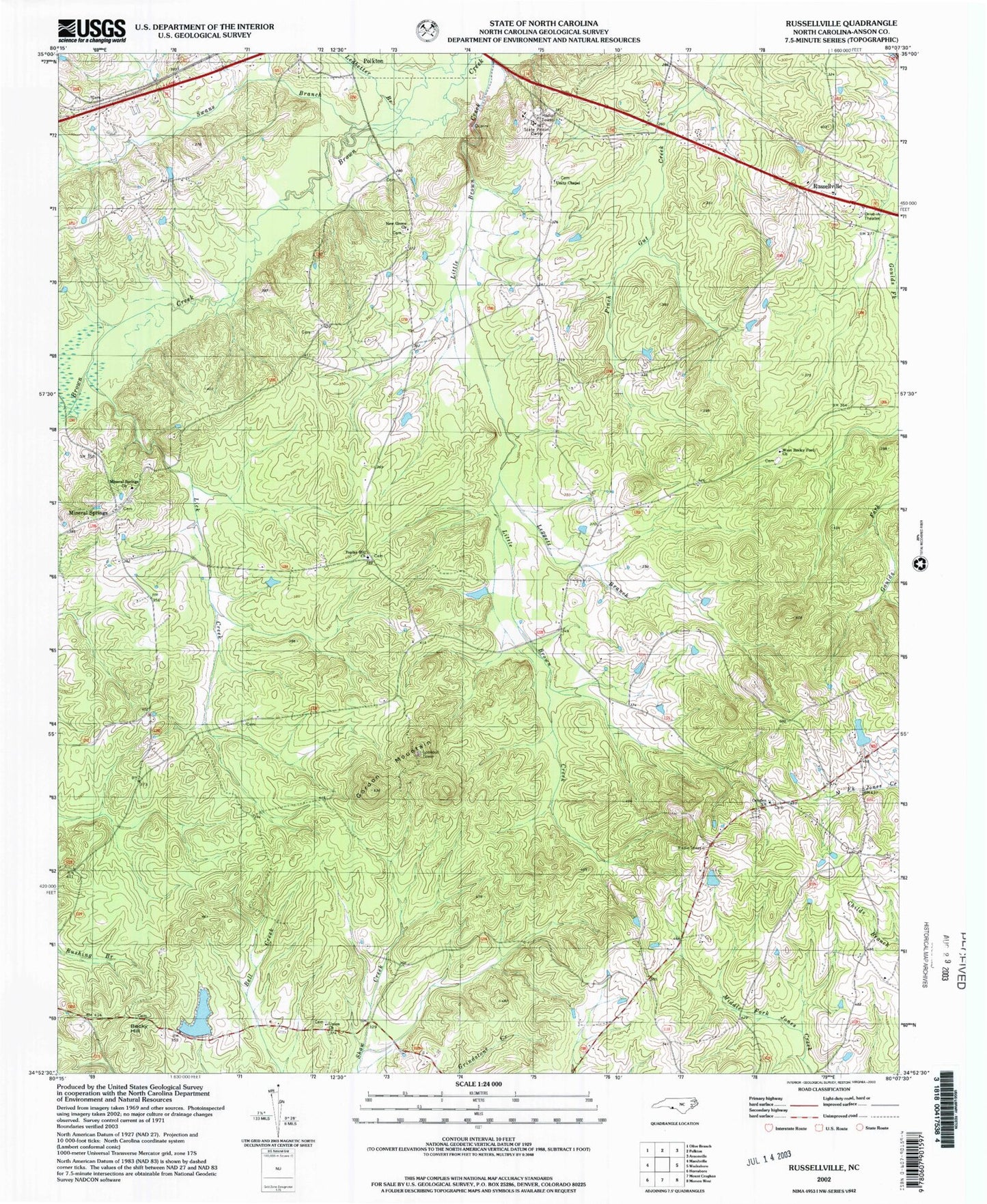 Classic USGS Russellville North Carolina 7.5'x7.5' Topo Map Image