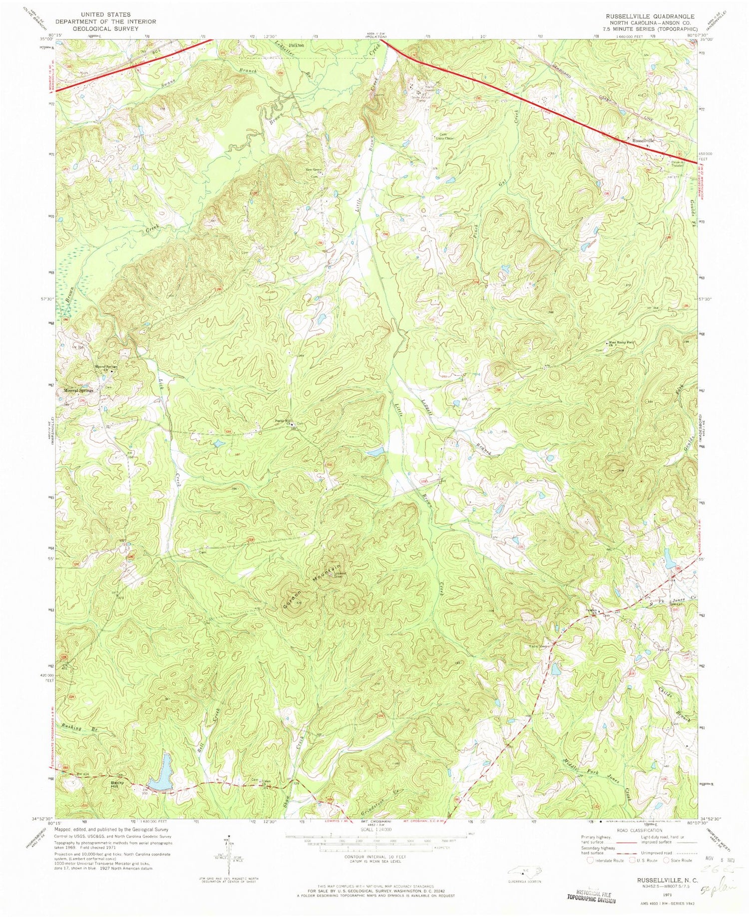 Classic USGS Russellville North Carolina 7.5'x7.5' Topo Map Image