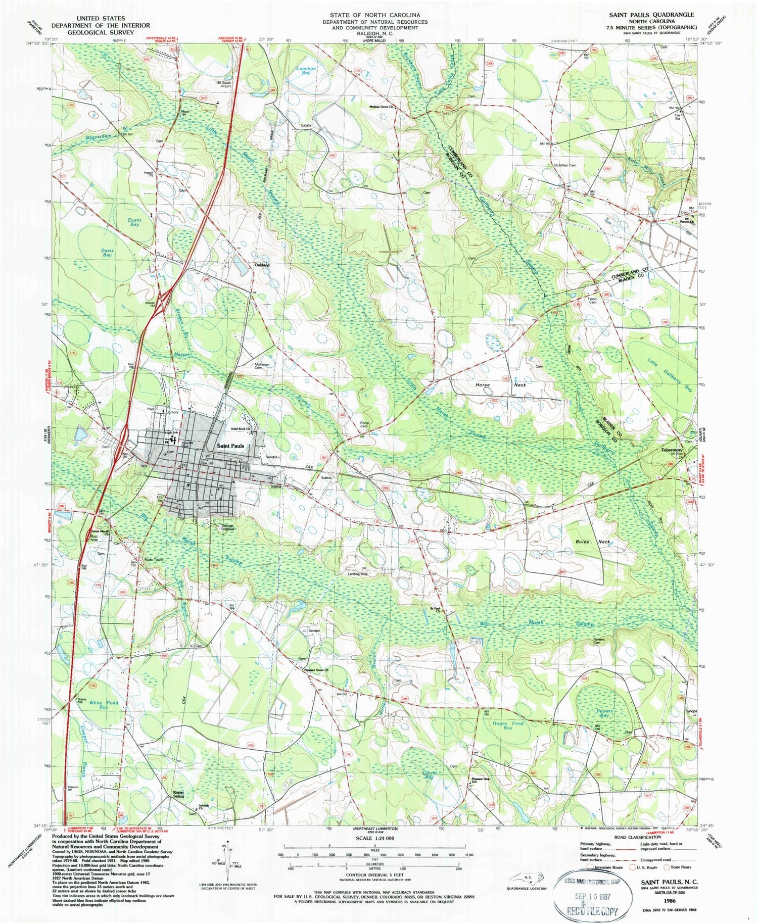 Classic USGS Saint Pauls North Carolina 7.5'x7.5' Topo Map Image