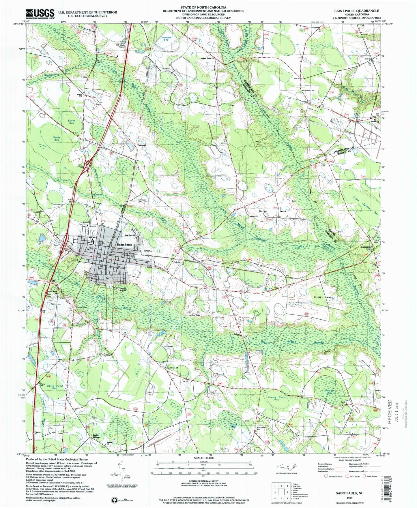 Classic USGS Saint Pauls North Carolina 7.5'x7.5' Topo Map Image