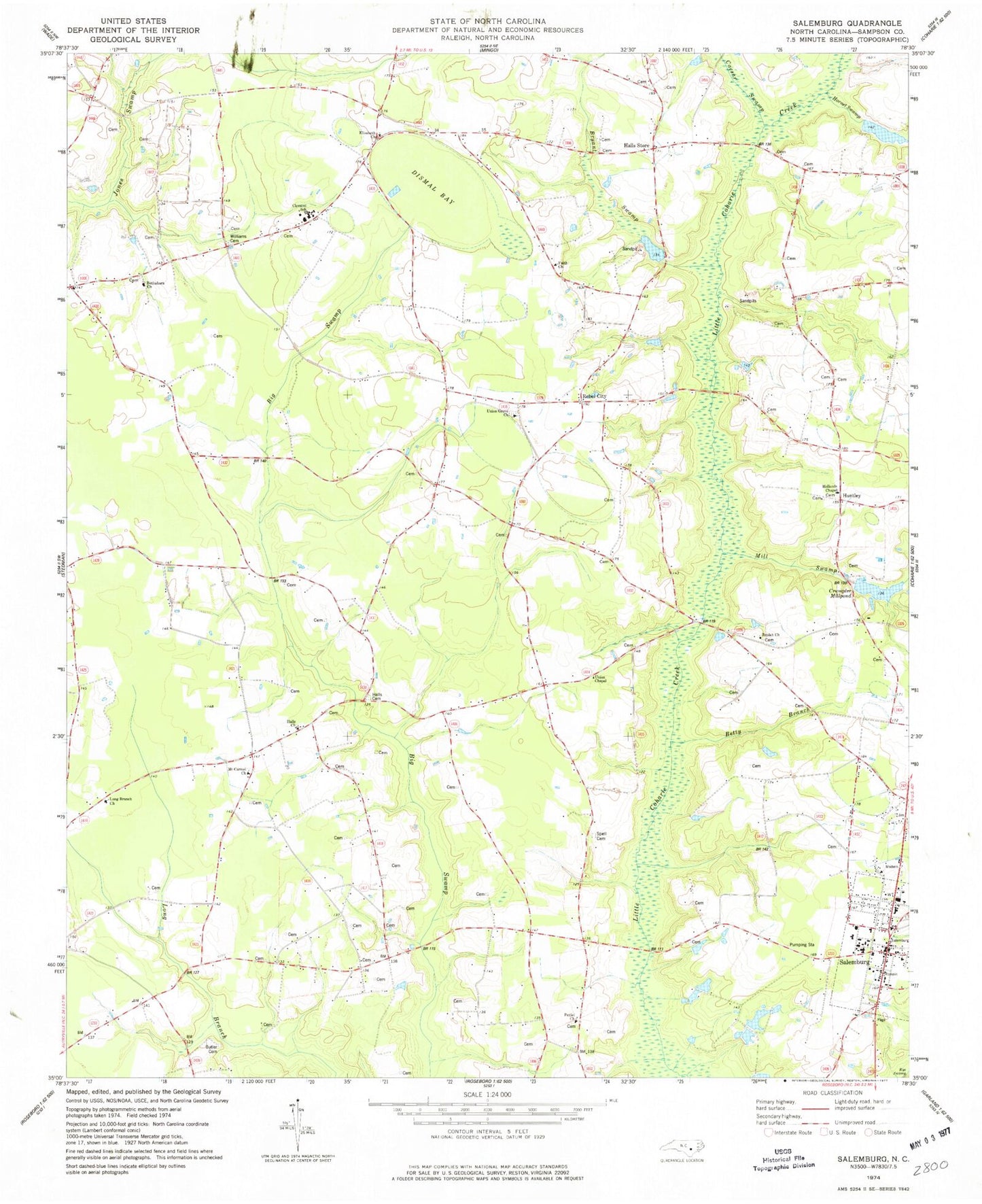 Classic USGS Salemburg North Carolina 7.5'x7.5' Topo Map Image