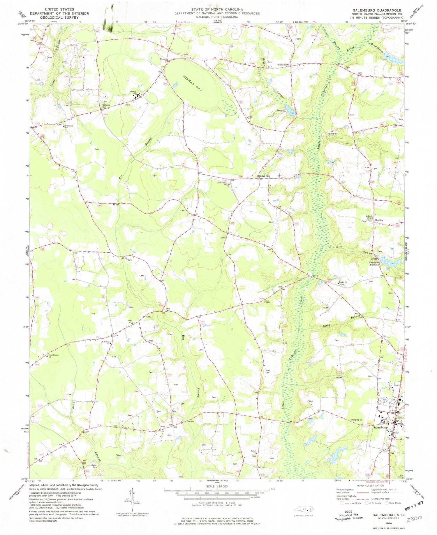 Classic USGS Salemburg North Carolina 7.5'x7.5' Topo Map Image