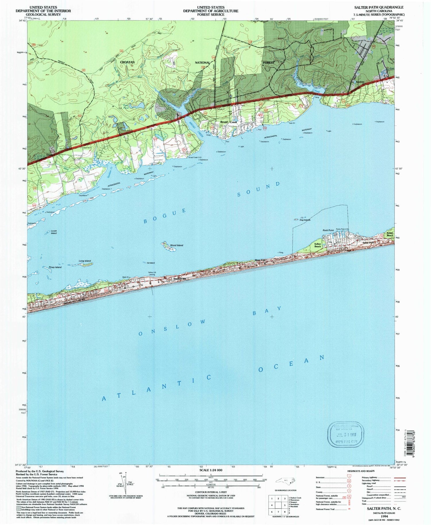 Classic USGS Salter Path North Carolina 7.5'x7.5' Topo Map Image
