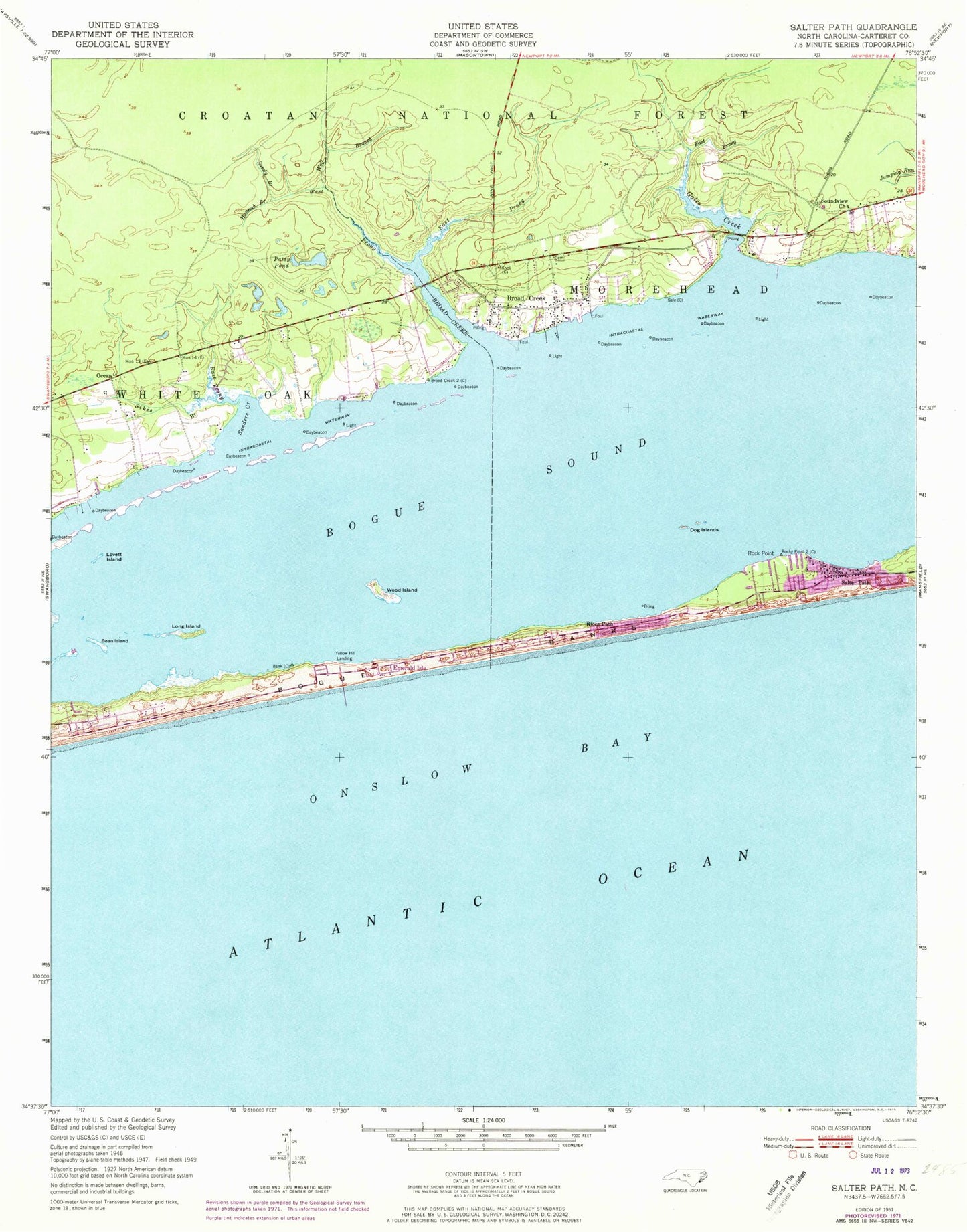 Classic USGS Salter Path North Carolina 7.5'x7.5' Topo Map Image