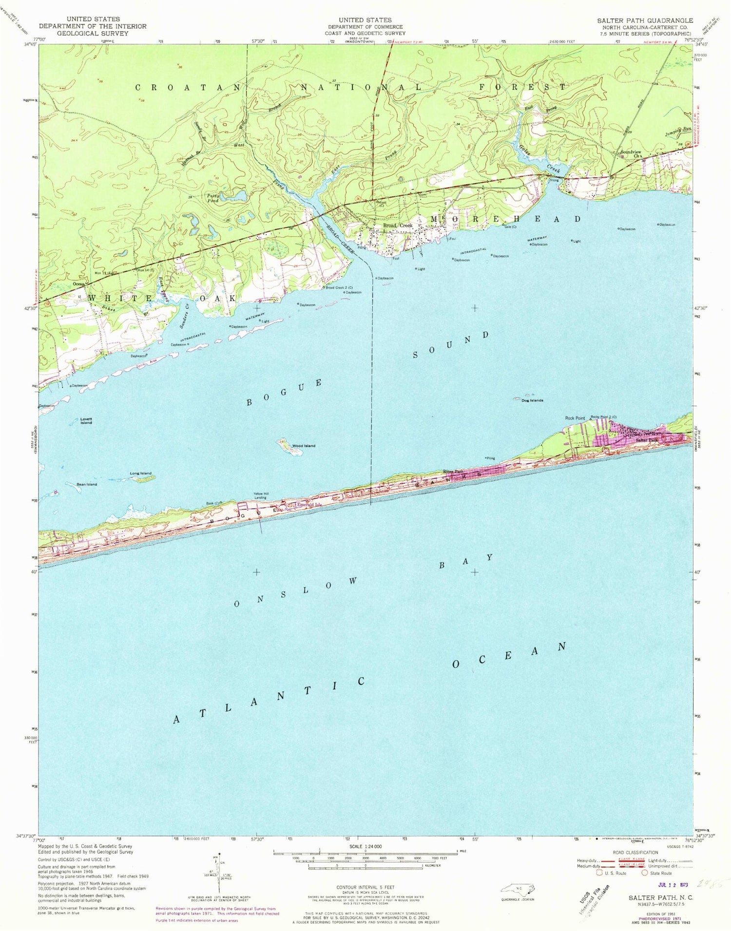 Classic USGS Salter Path North Carolina 7.5'x7.5' Topo Map Image
