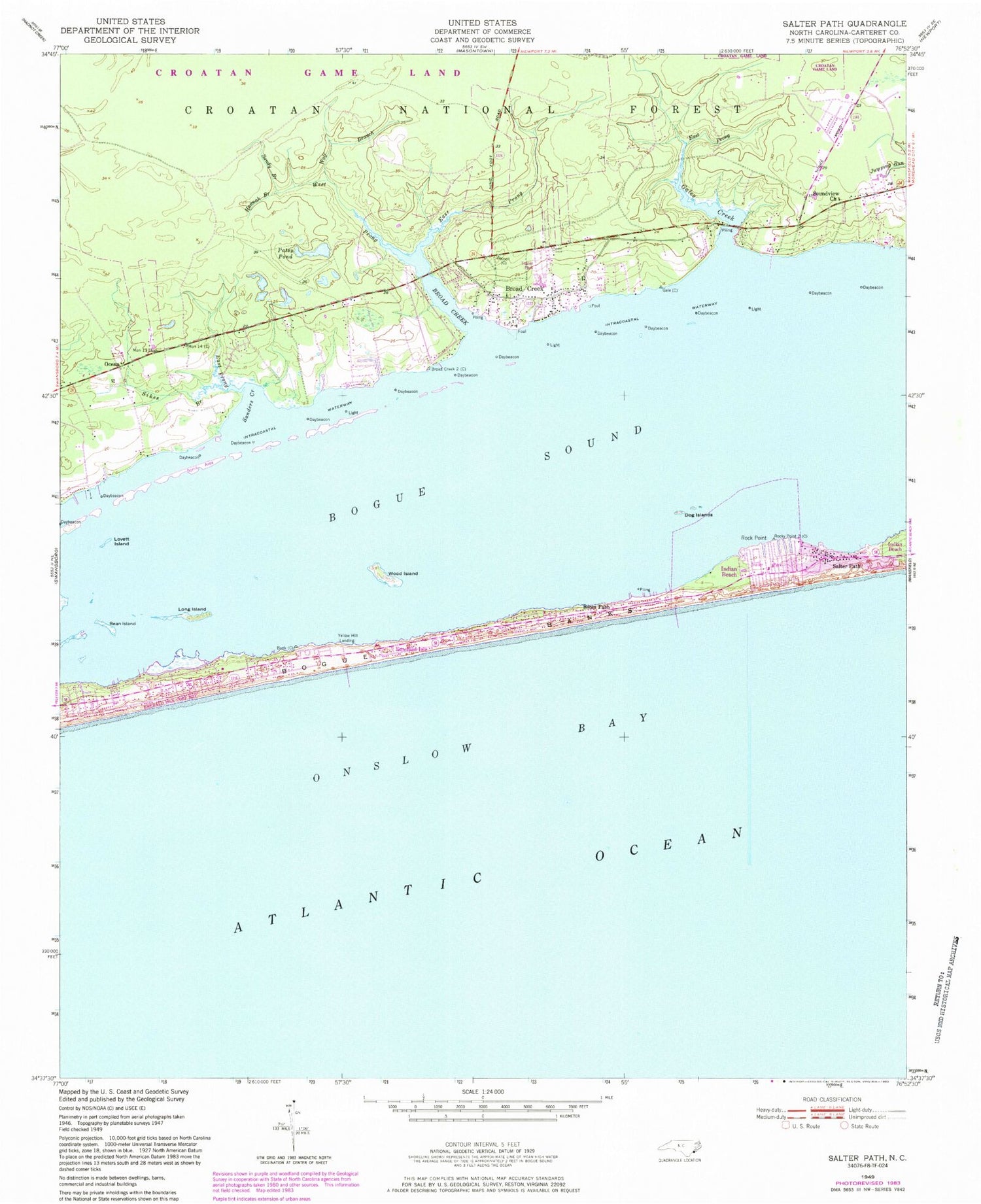 Classic USGS Salter Path North Carolina 7.5'x7.5' Topo Map Image