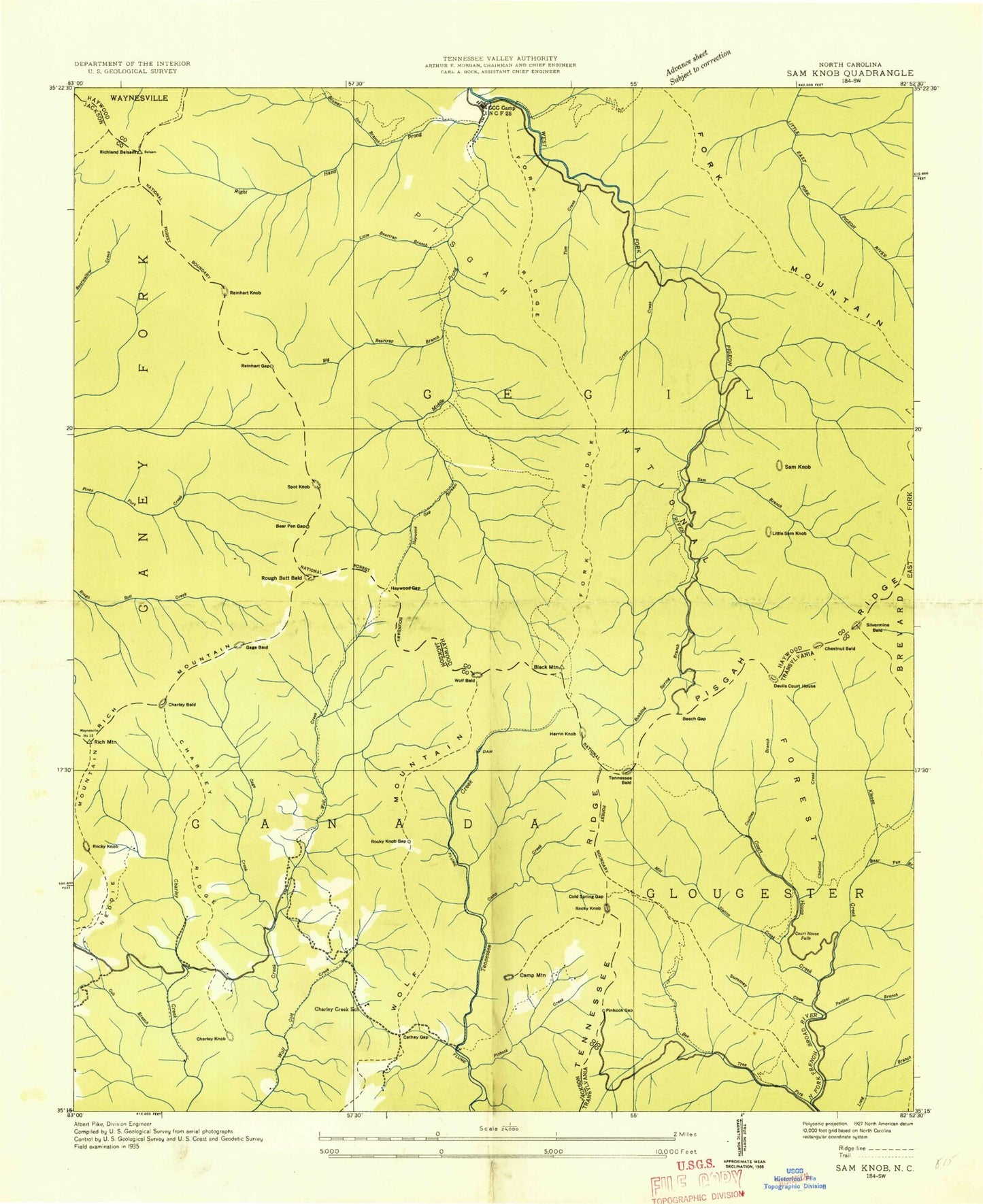 Classic USGS Sam Knob North Carolina 7.5'x7.5' Topo Map Image