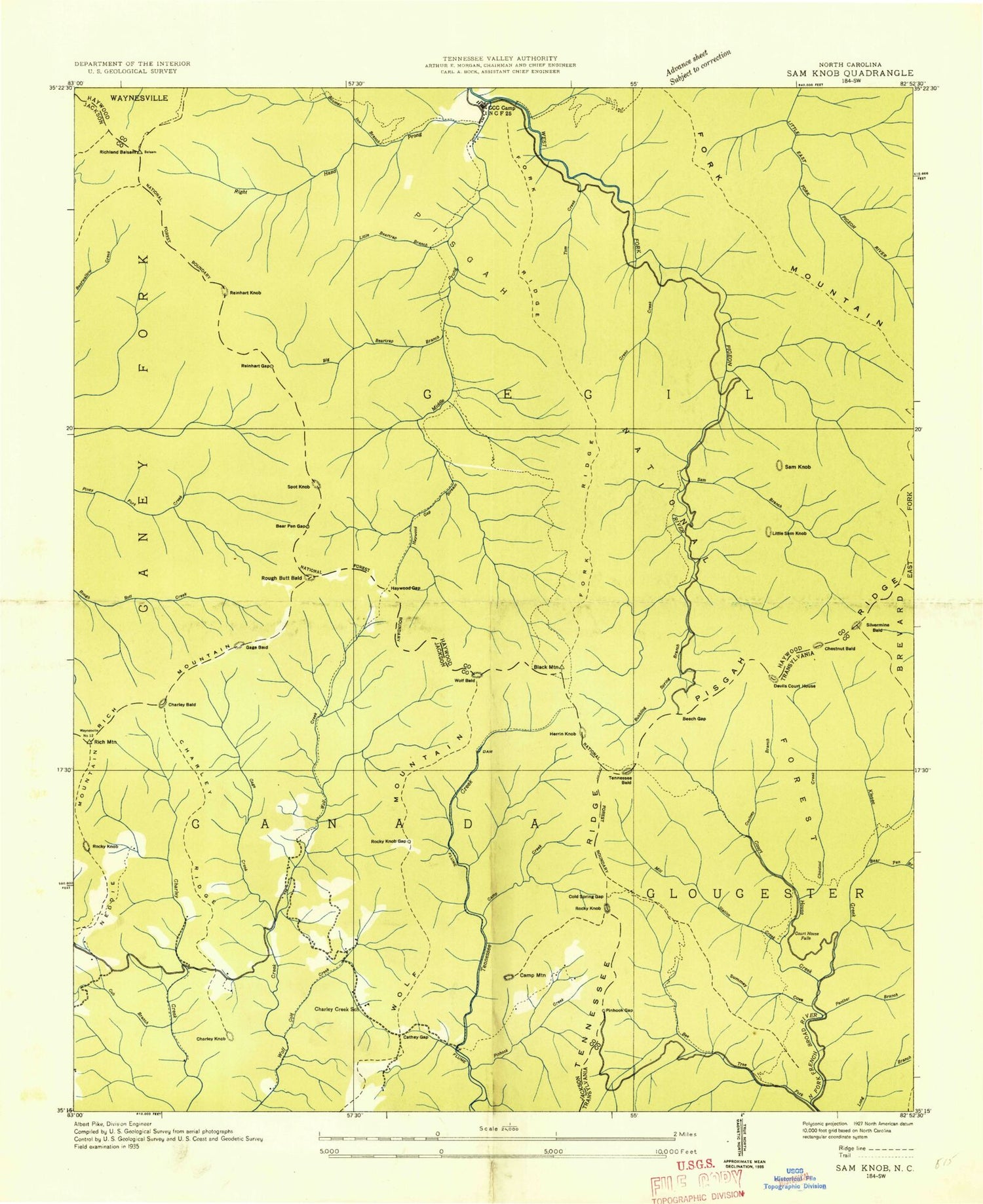 Classic USGS Sam Knob North Carolina 7.5'x7.5' Topo Map Image