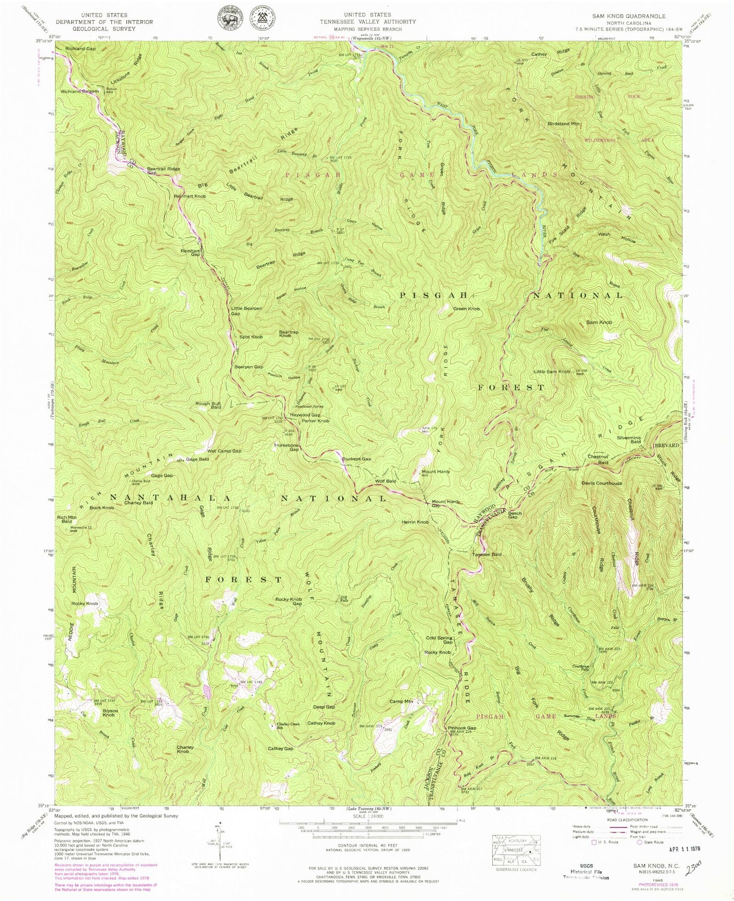 Classic USGS Sam Knob North Carolina 7.5'x7.5' Topo Map Image