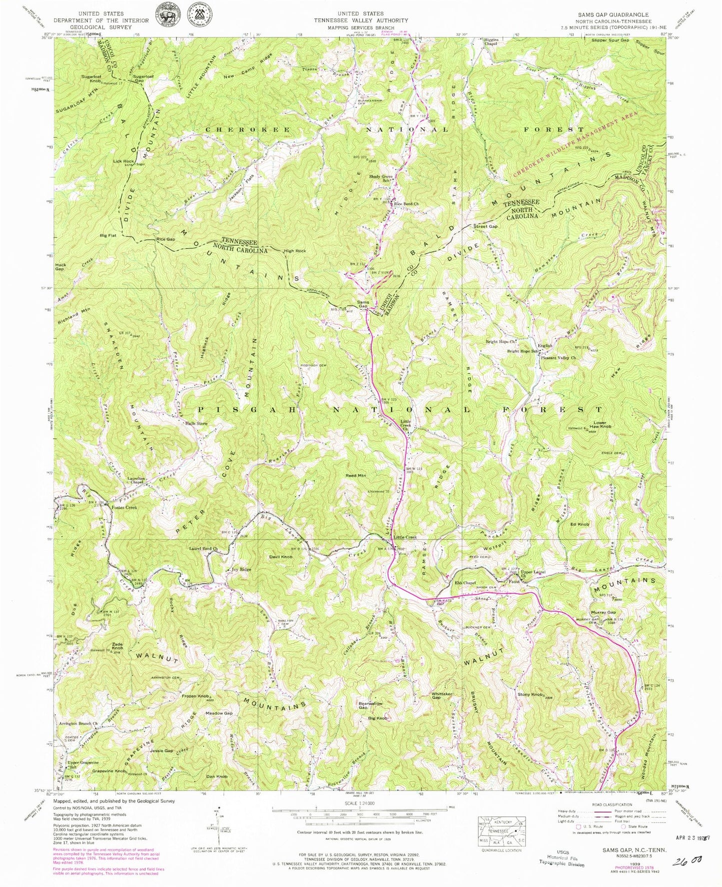 Classic USGS Sams Gap North Carolina 7.5'x7.5' Topo Map Image