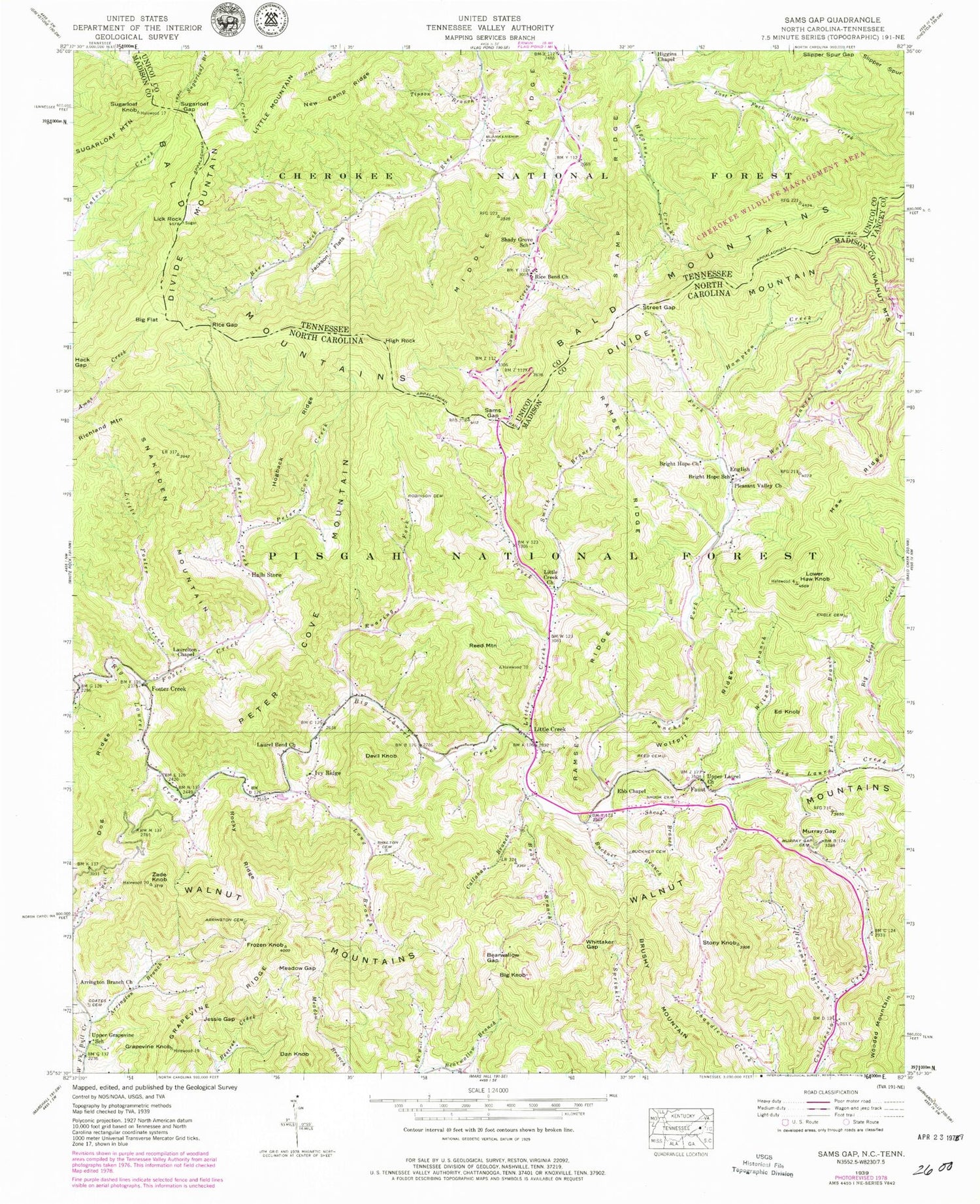 Classic USGS Sams Gap North Carolina 7.5'x7.5' Topo Map Image
