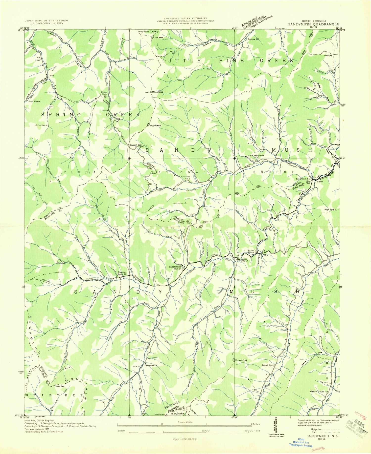 Classic USGS Sandymush North Carolina 7.5'x7.5' Topo Map Image