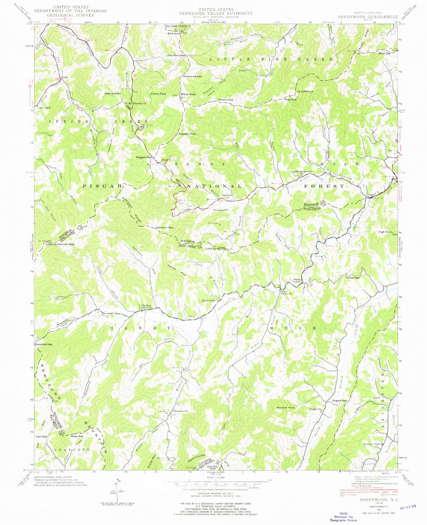 Classic USGS Sandymush North Carolina 7.5'x7.5' Topo Map Image
