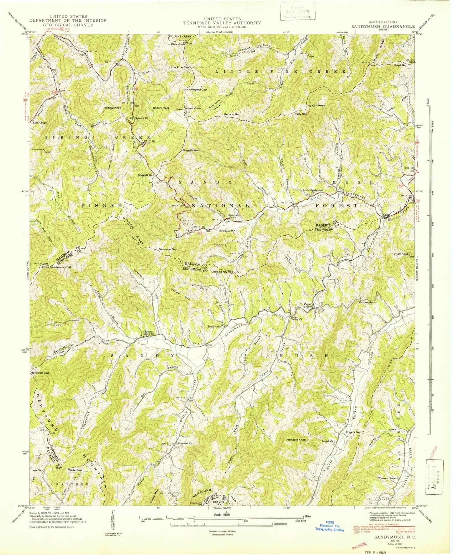 Classic USGS Sandymush North Carolina 7.5'x7.5' Topo Map Image