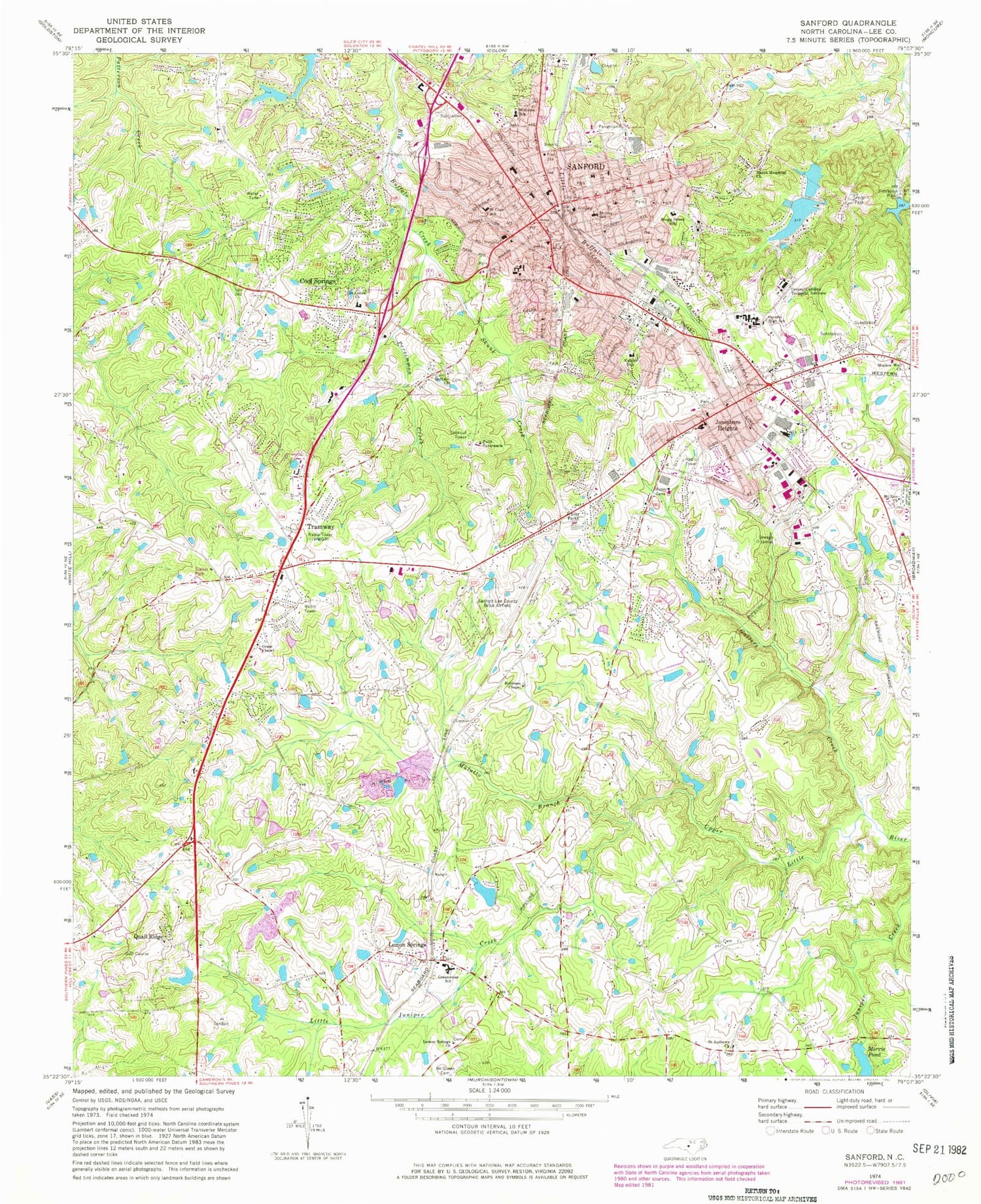 Classic USGS Sanford North Carolina 7.5'x7.5' Topo Map Image