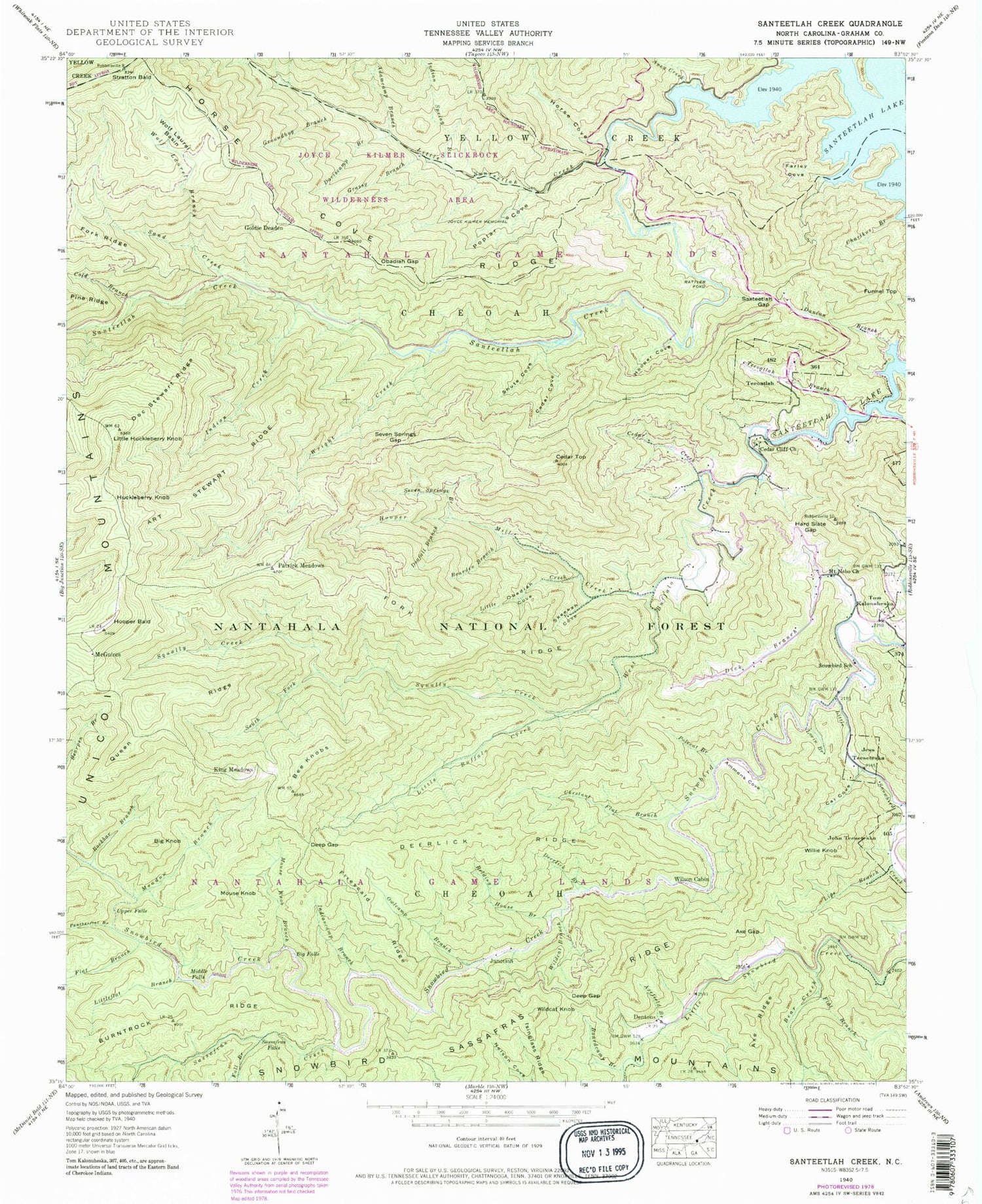 Classic USGS Santeetlah Creek North Carolina 7.5'x7.5' Topo Map Image